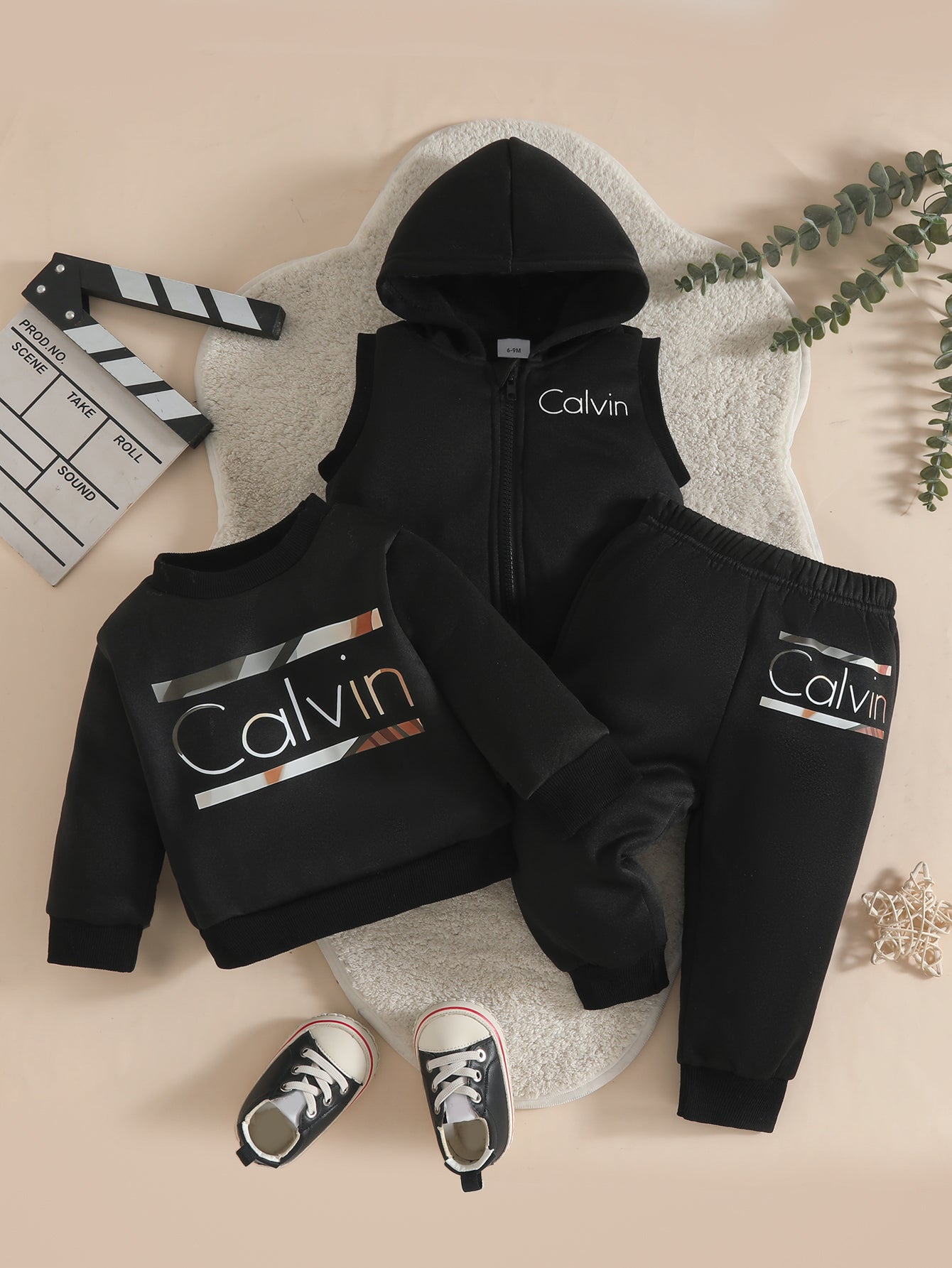 Wholesale 6M-3T Kids 3Pcs Calvin Letter Hooded Vest Sweatshirt Outfit Set, Soft Cotton Knit Unisex Toddler Top & Jogger Pants