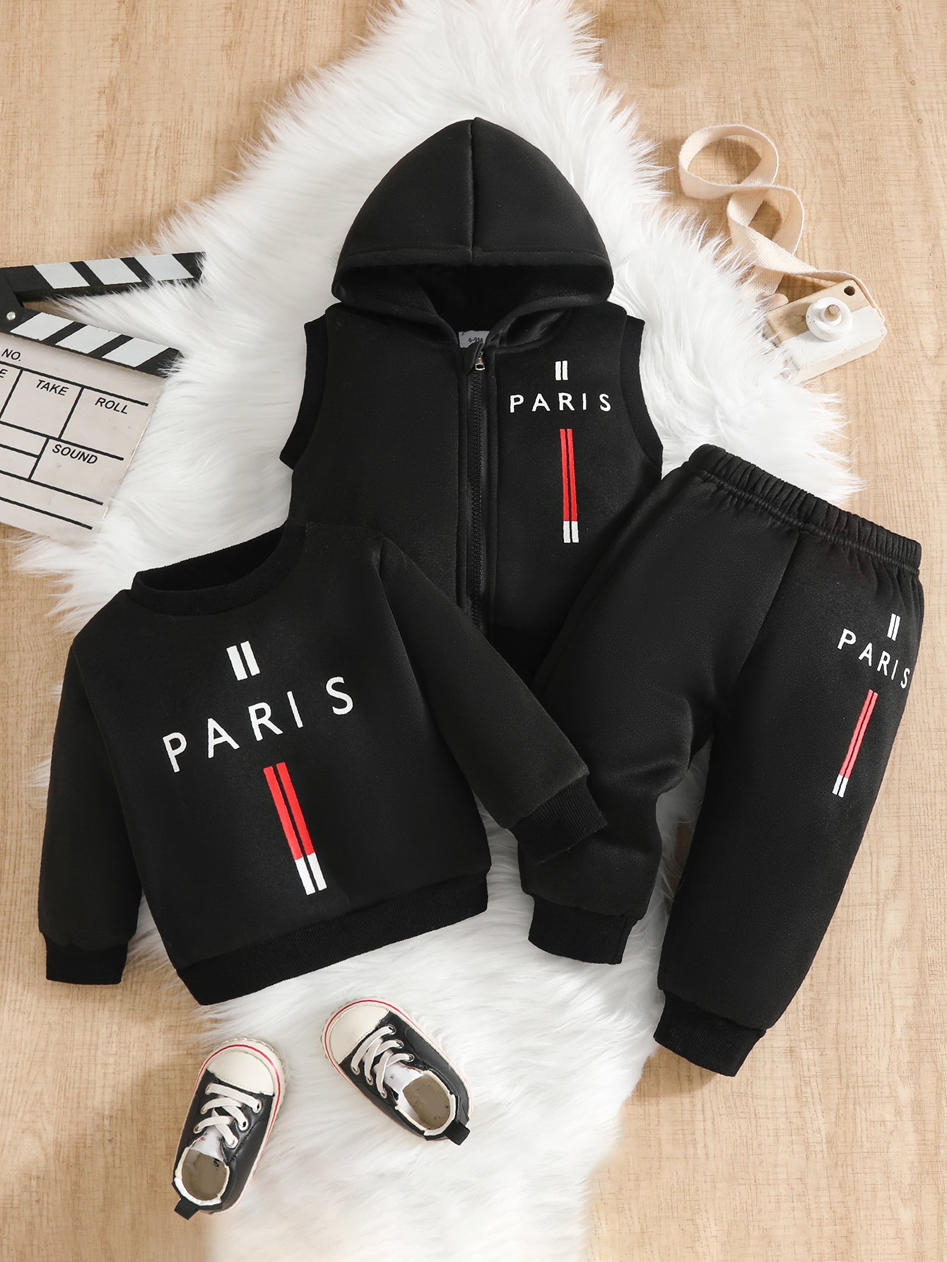 Wholesale 6M-3T Kids 3Pcs Paris Letter Hooded Vest Sweatshirt Outfit Set, Soft Cotton Knit Unisex Toddler Top & Jogger Pants