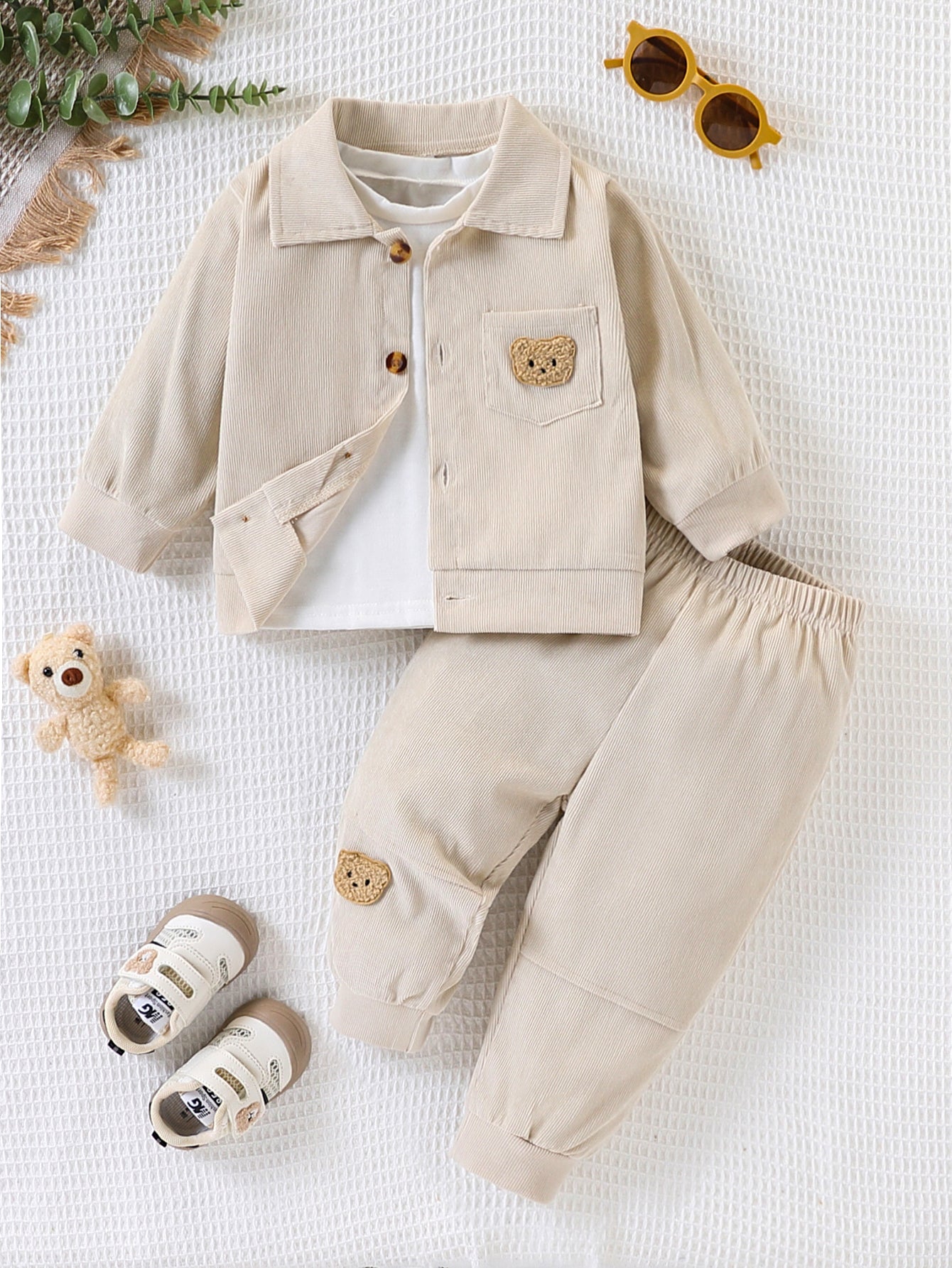 Wholesale 6M-3T Boys 3Pcs Bear Patch Corduroy Jacket Outfit Set, Soft Corduroy Collar Coat, Plain Tee & Jogger Pants Unisex Toddler Suit
