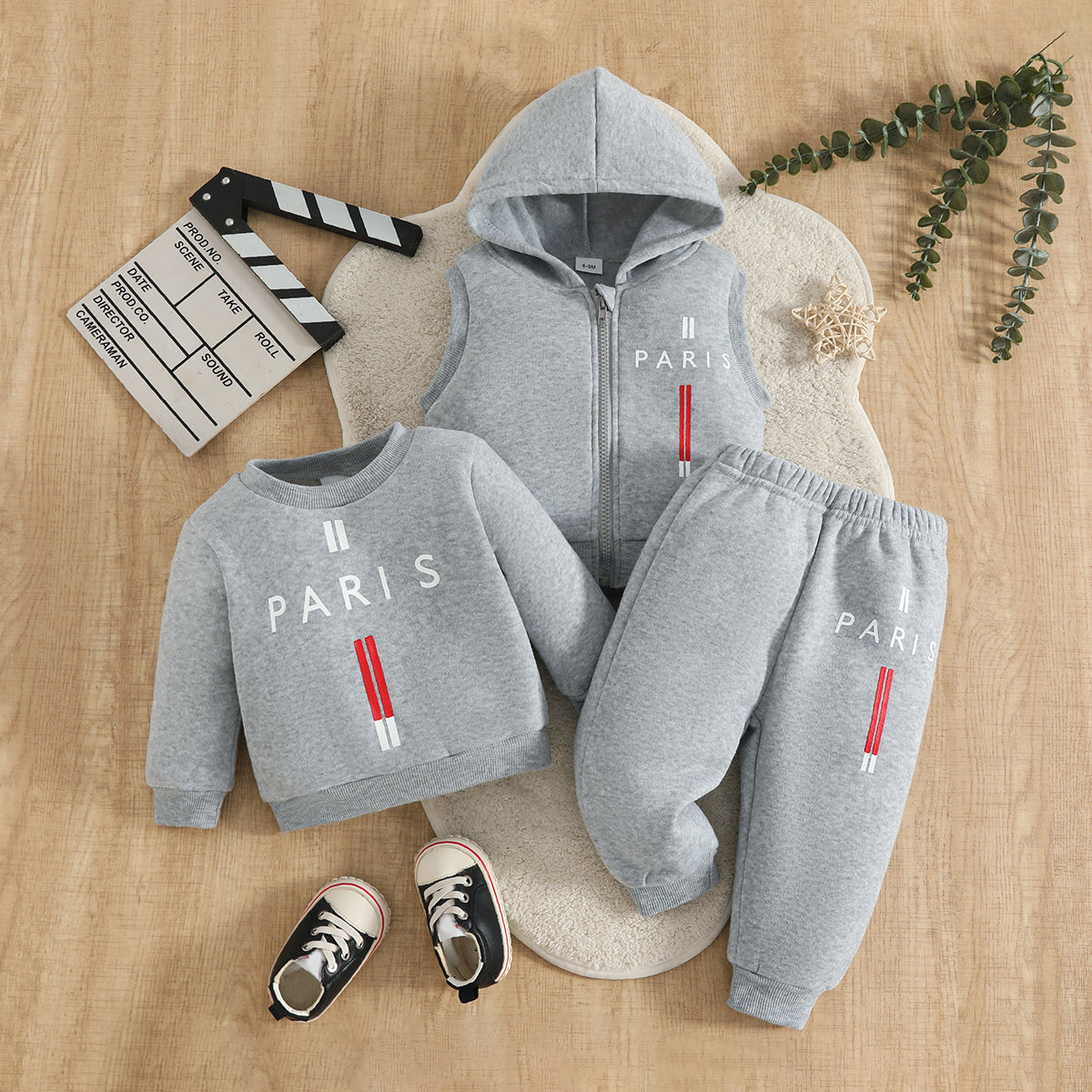 Wholesale 6M-3T Kids 3Pcs Paris Letter Hooded Vest Sweatshirt Outfit Set, Soft Cotton Knit Unisex Toddler Top & Jogger Pants