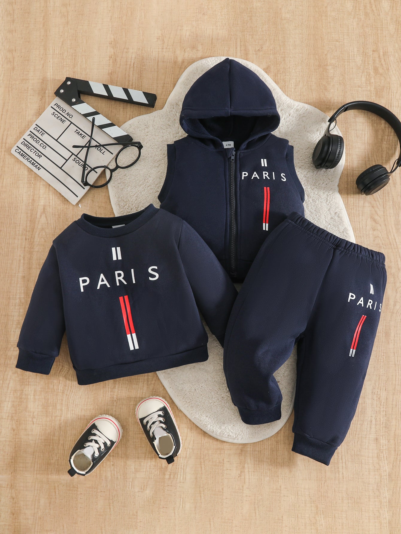 Wholesale 6M-3T Kids 3Pcs Paris Letter Hooded Vest Sweatshirt Outfit Set, Soft Cotton Knit Unisex Toddler Top & Jogger Pants