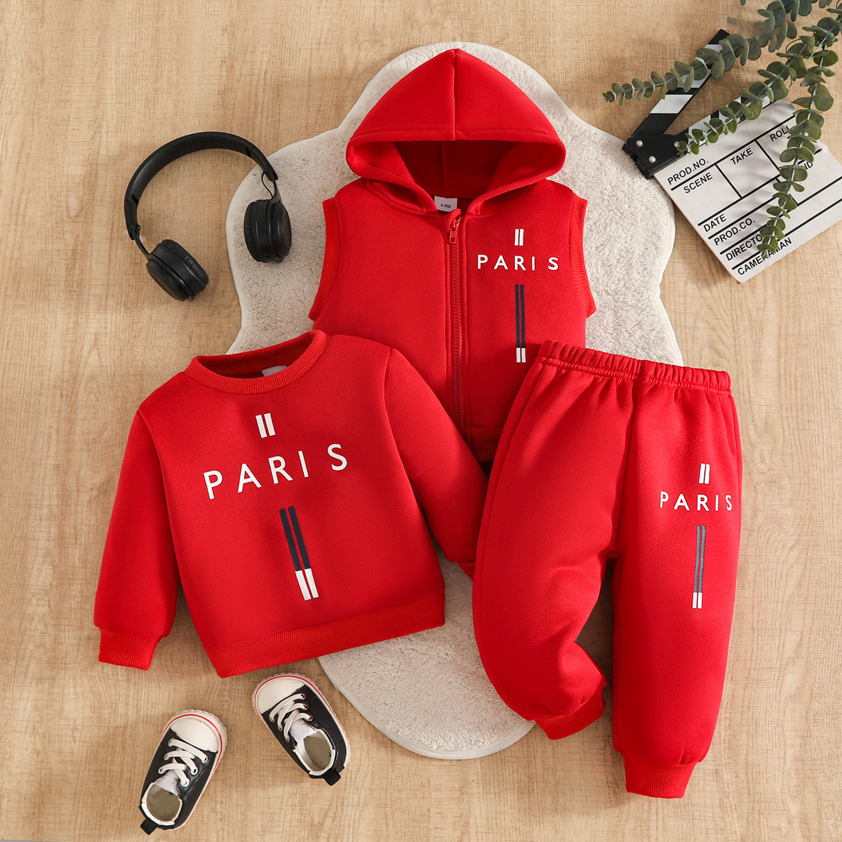 Wholesale 6M-3T Kids 3Pcs Paris Letter Hooded Vest Sweatshirt Outfit Set, Soft Cotton Knit Unisex Toddler Top & Jogger Pants