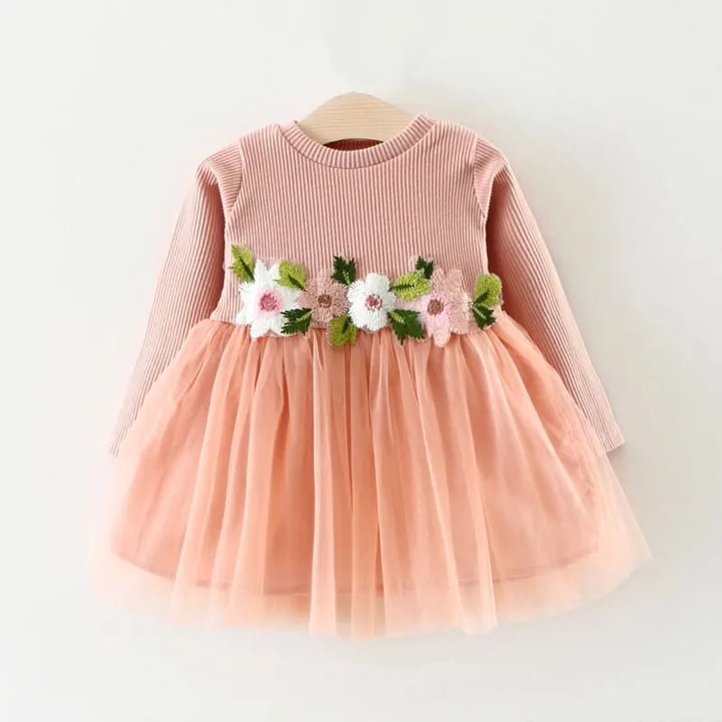 3-18M Baby Girl Dresses Pink Pit Strip Net Yarn Long Sleeve Dress Baby Girl Lace Dress ODM&OEM baby clothing wholesale Catpapa WL2003373