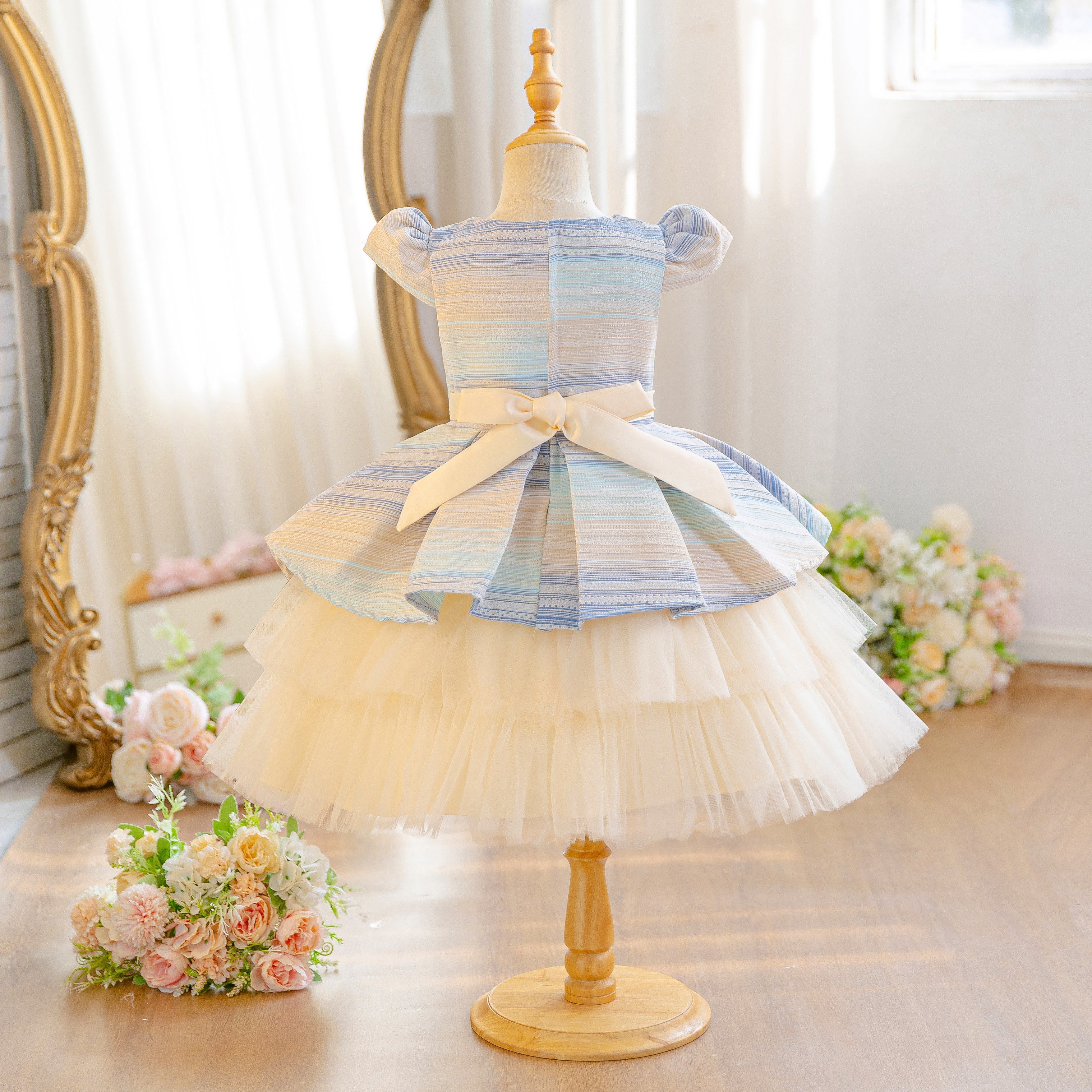 Wholesale 18M-7Y Girls Cap Sleeve Striped 3D Flower Tulle Princess Dress, Kids Birthday Party Soft Woven Mesh Formal Gown