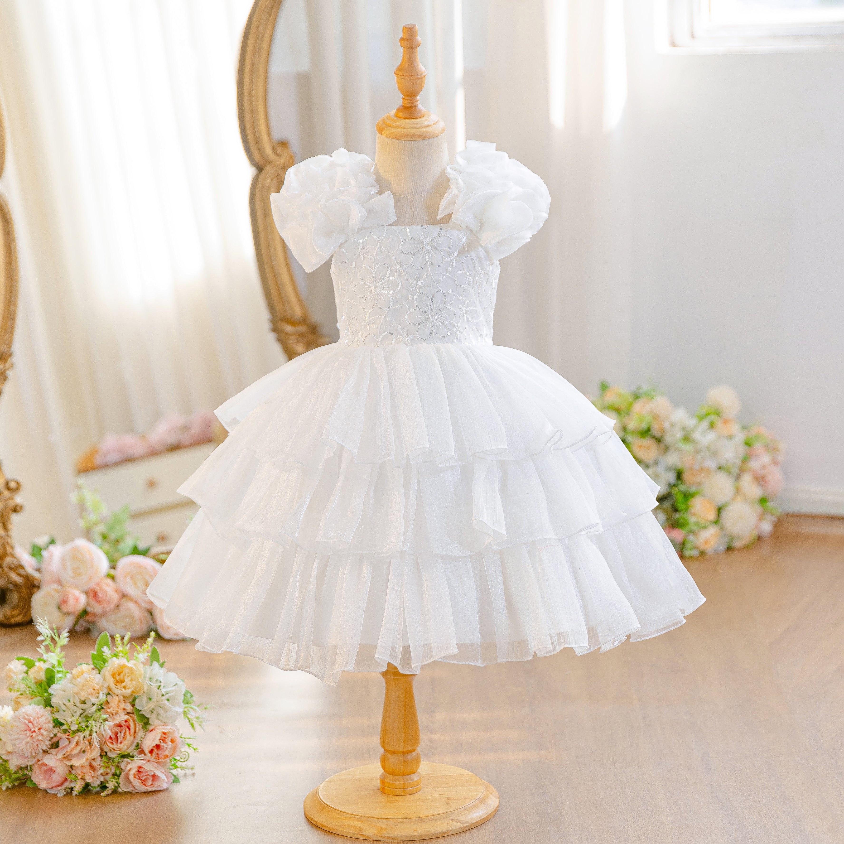 Wholesale Summer Mesh Princess Dress for Wholesale Teen Girls Clothes Set | Floral Print Kids Birthday Party Outfit | Breathable Toddler OOTD 2-7Y