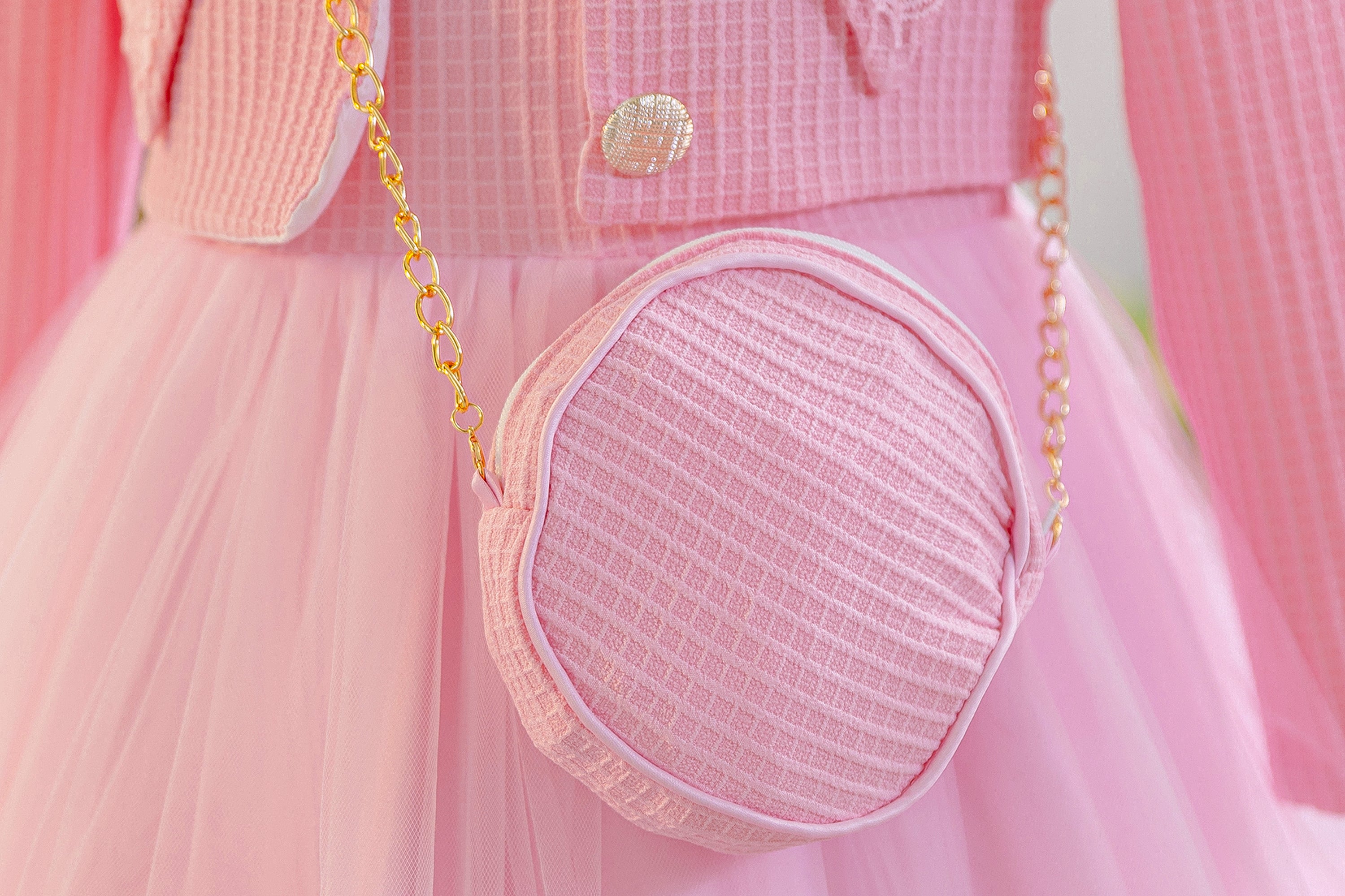 Wholesale 5-10Y Girls 3Pcs Waffle Lace Tiered Tulle Princess Dress Set, Kids Birthday Party Lapel Jacket Soft Fabric Formal Outfit With Mini Chain Bag