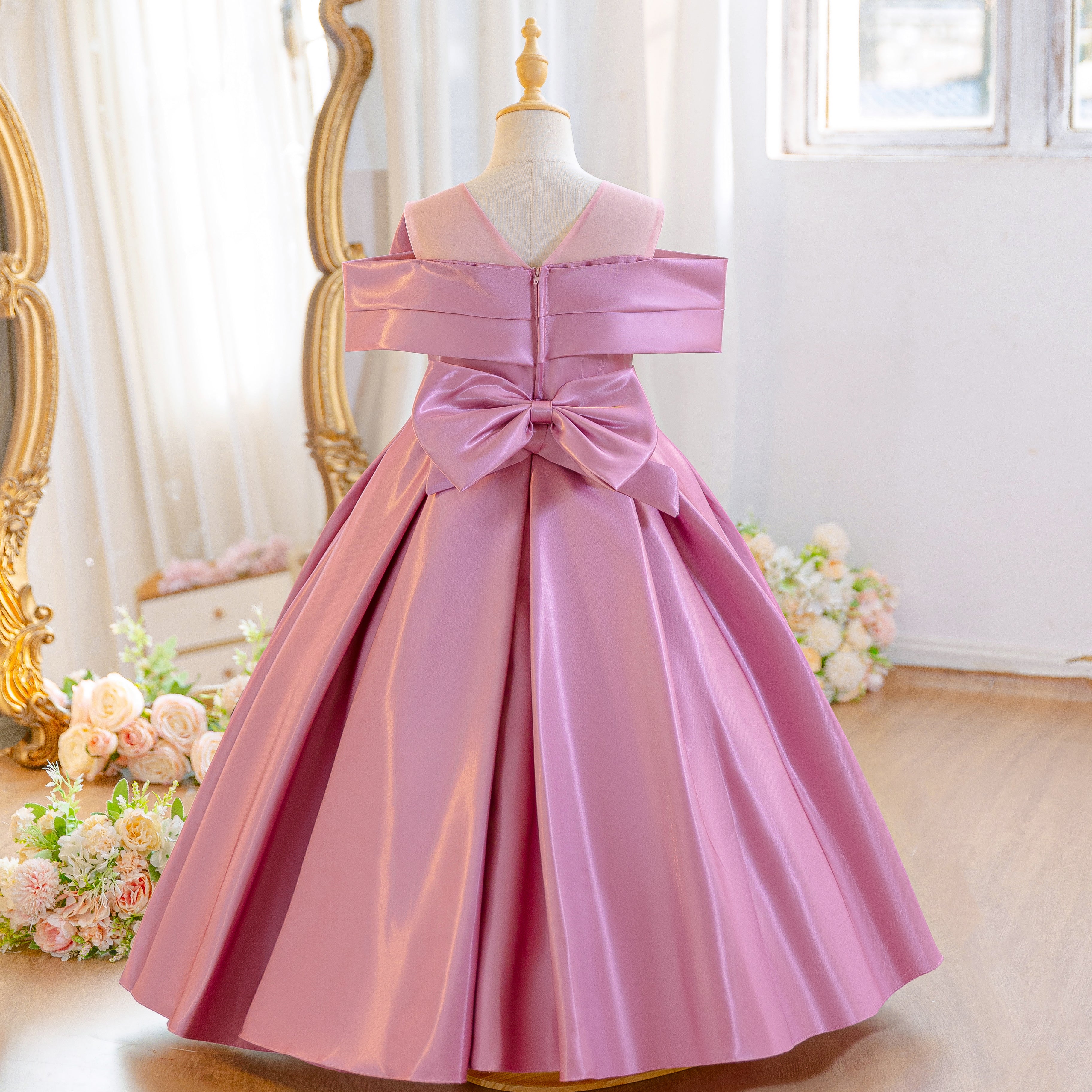 Wholesale 5-11Y Girls Off Shoulder Satin Princess Dress, Kids Birthday Party Rhinestone Bow Soft Satin Formal Gown