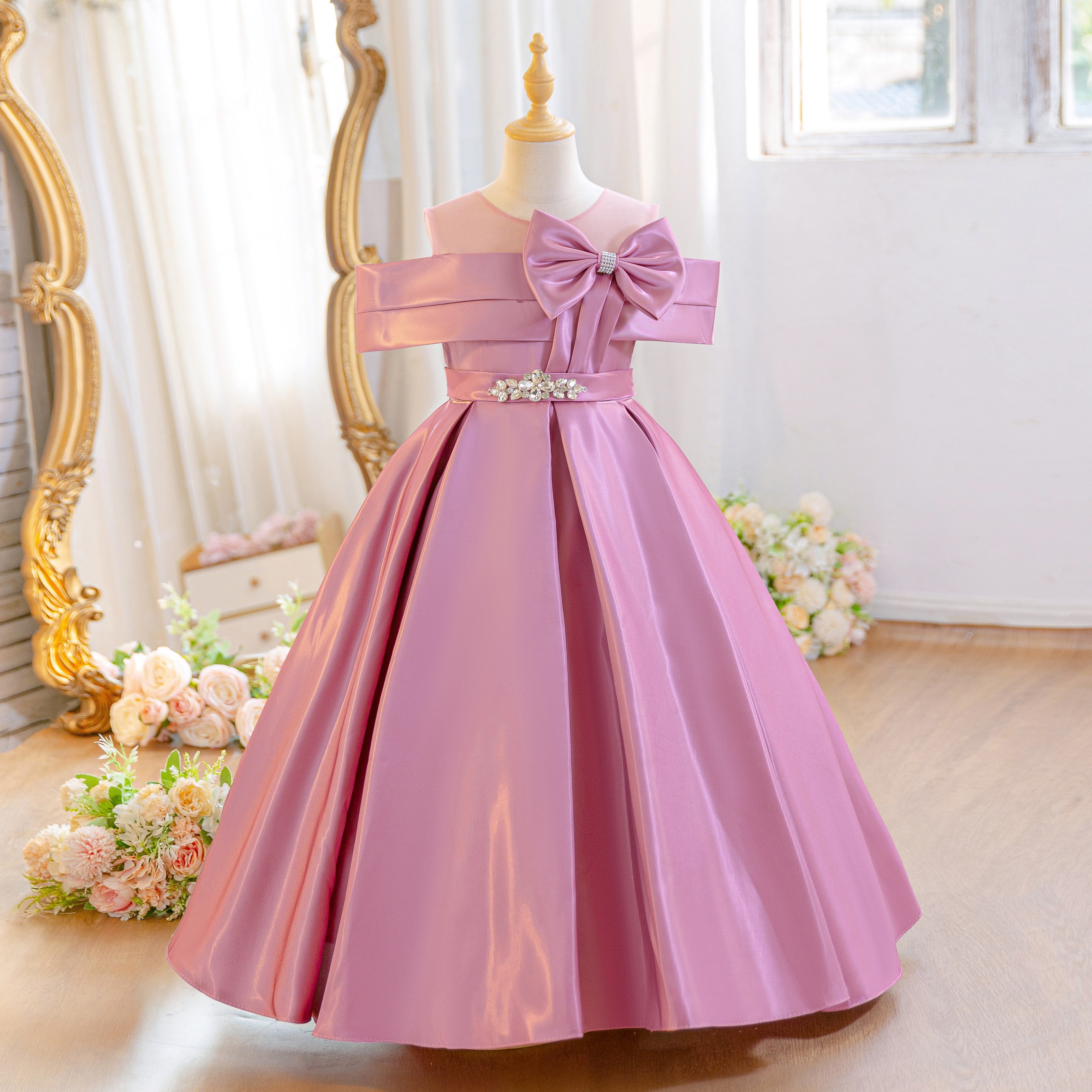 Wholesale 5-11Y Girls Off Shoulder Satin Princess Dress, Kids Birthday Party Rhinestone Bow Soft Satin Formal Gown