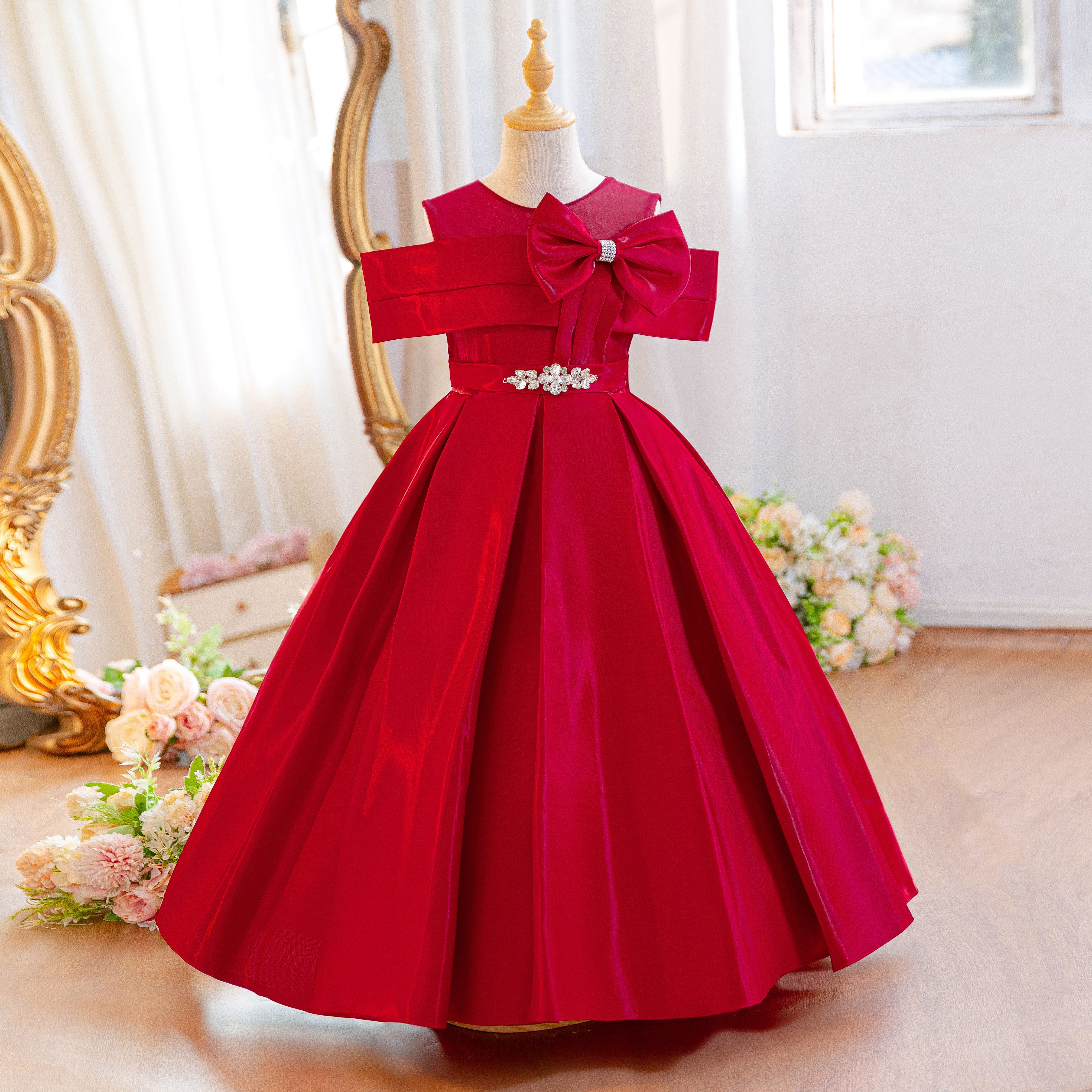 Wholesale 5-11Y Girls Off Shoulder Satin Princess Dress, Kids Birthday Party Rhinestone Bow Soft Satin Formal Gown