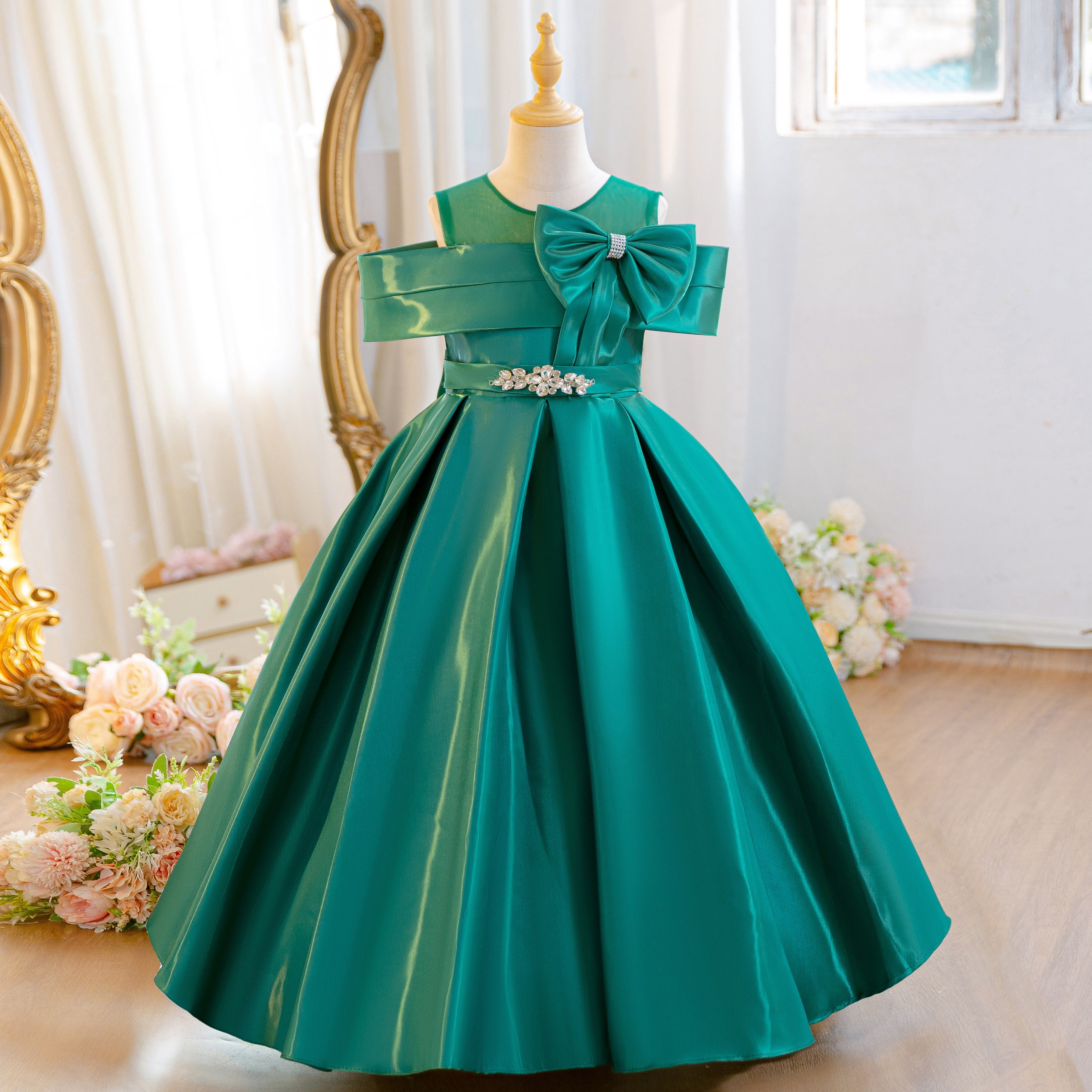 Wholesale 5-11Y Girls Off Shoulder Satin Princess Dress, Kids Birthday Party Rhinestone Bow Soft Satin Formal Gown