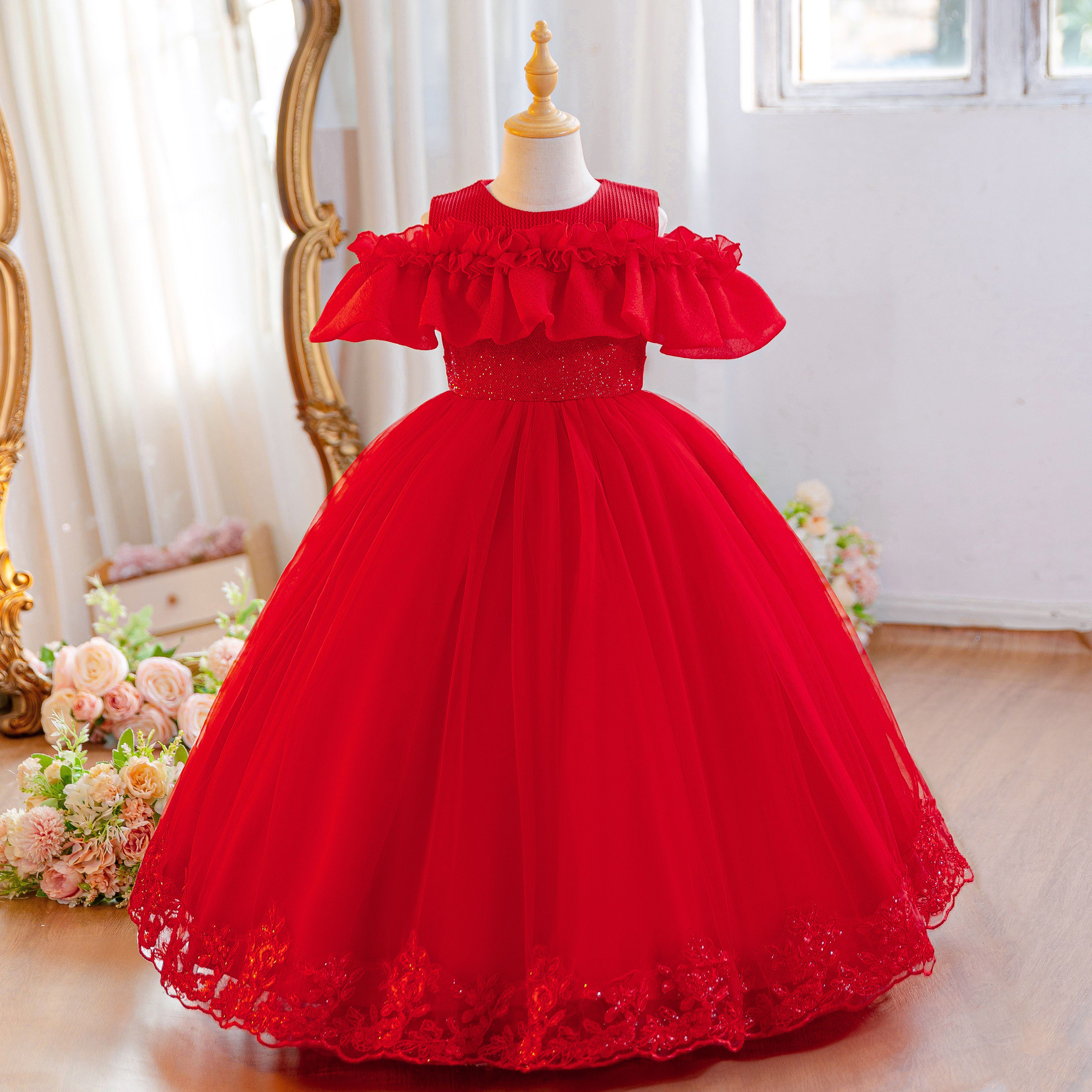 Wholesale 5-11Y Girls Off Shoulder Tulle Princess Dress, Kids Birthday Party Lace Embroidery Soft Mesh Formal Gown