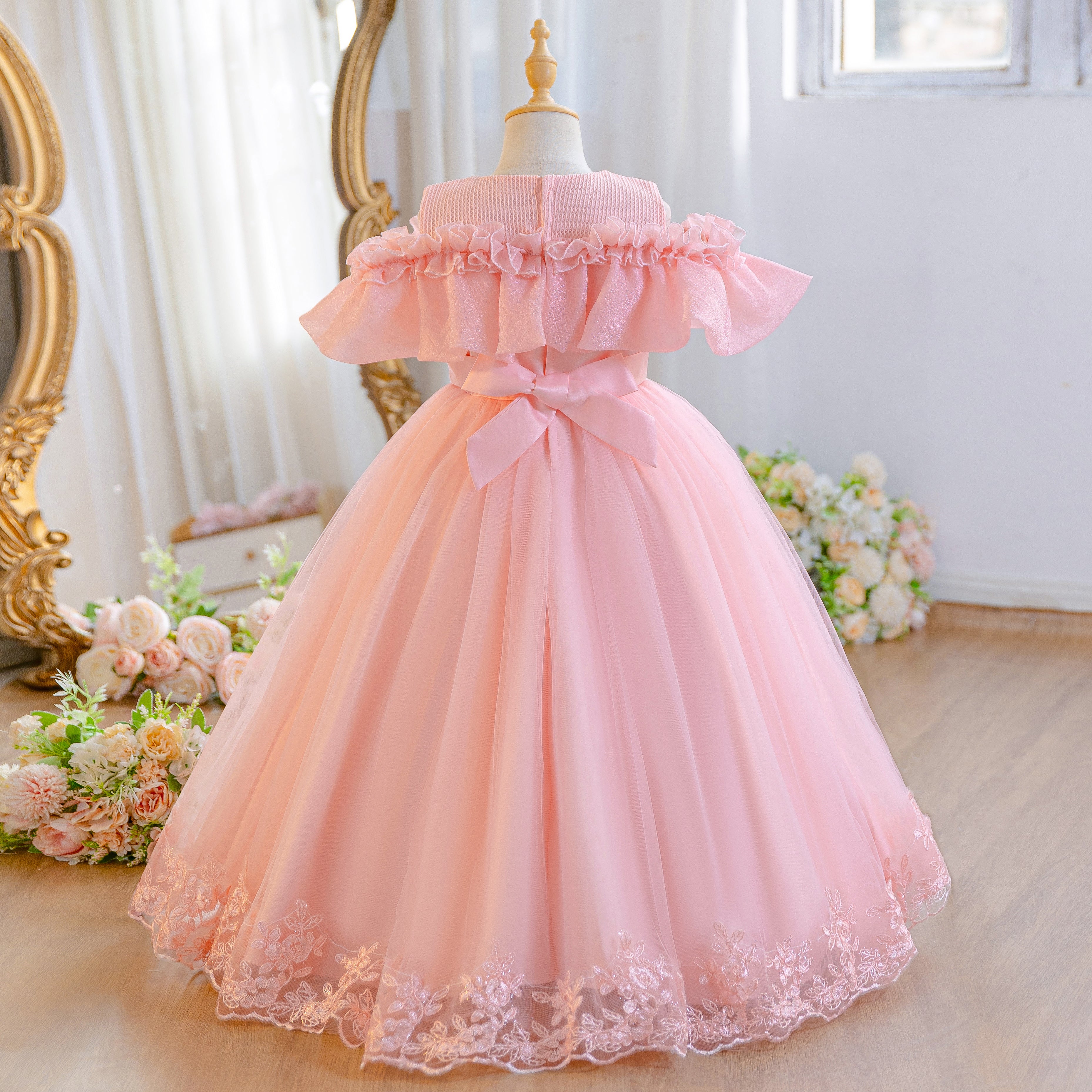 Wholesale 5-11Y Girls Off Shoulder Tulle Princess Dress, Kids Birthday Party Lace Embroidery Soft Mesh Formal Gown