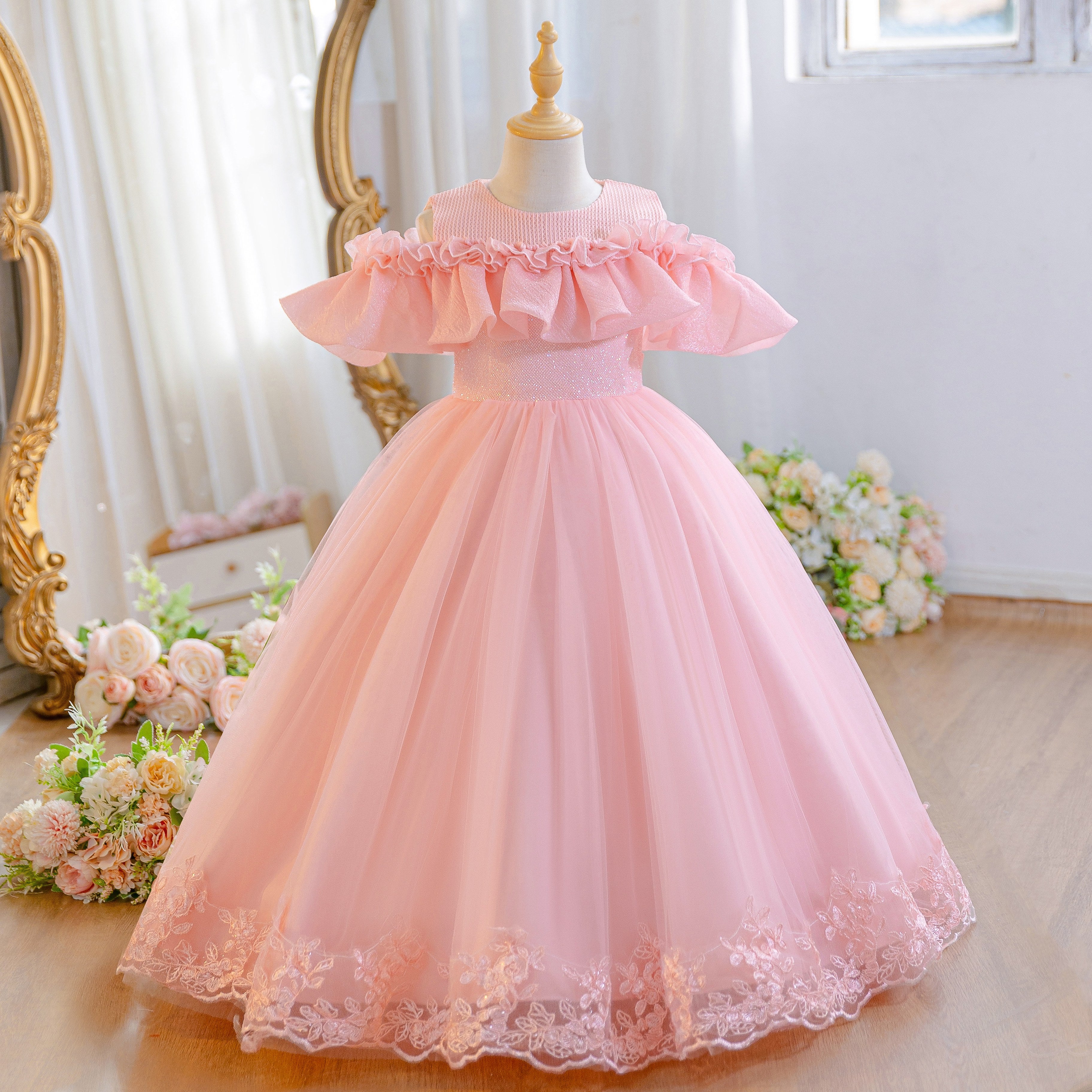 Wholesale 5-11Y Girls Off Shoulder Tulle Princess Dress, Kids Birthday Party Lace Embroidery Soft Mesh Formal Gown