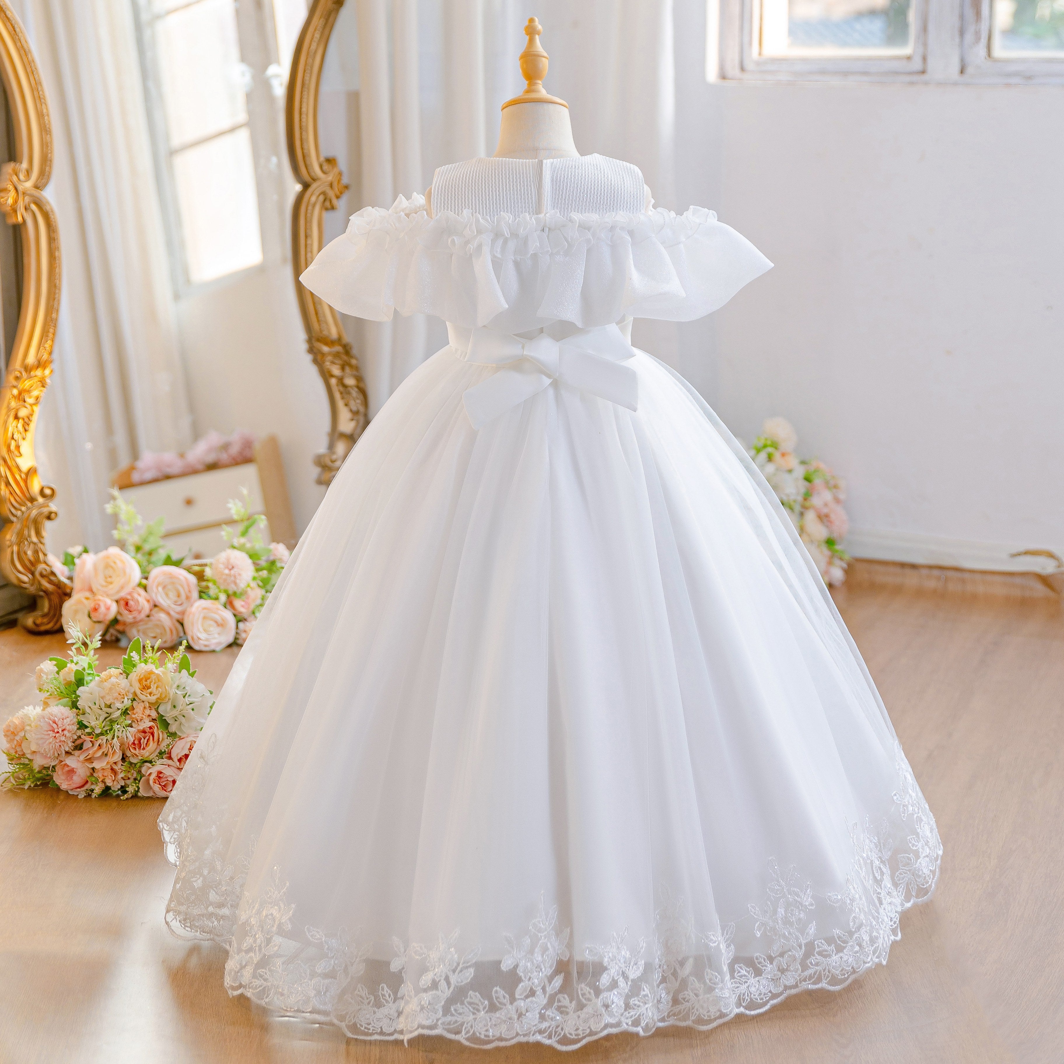 Wholesale 5-11Y Girls Off Shoulder Tulle Princess Dress, Kids Birthday Party Lace Embroidery Soft Mesh Formal Gown