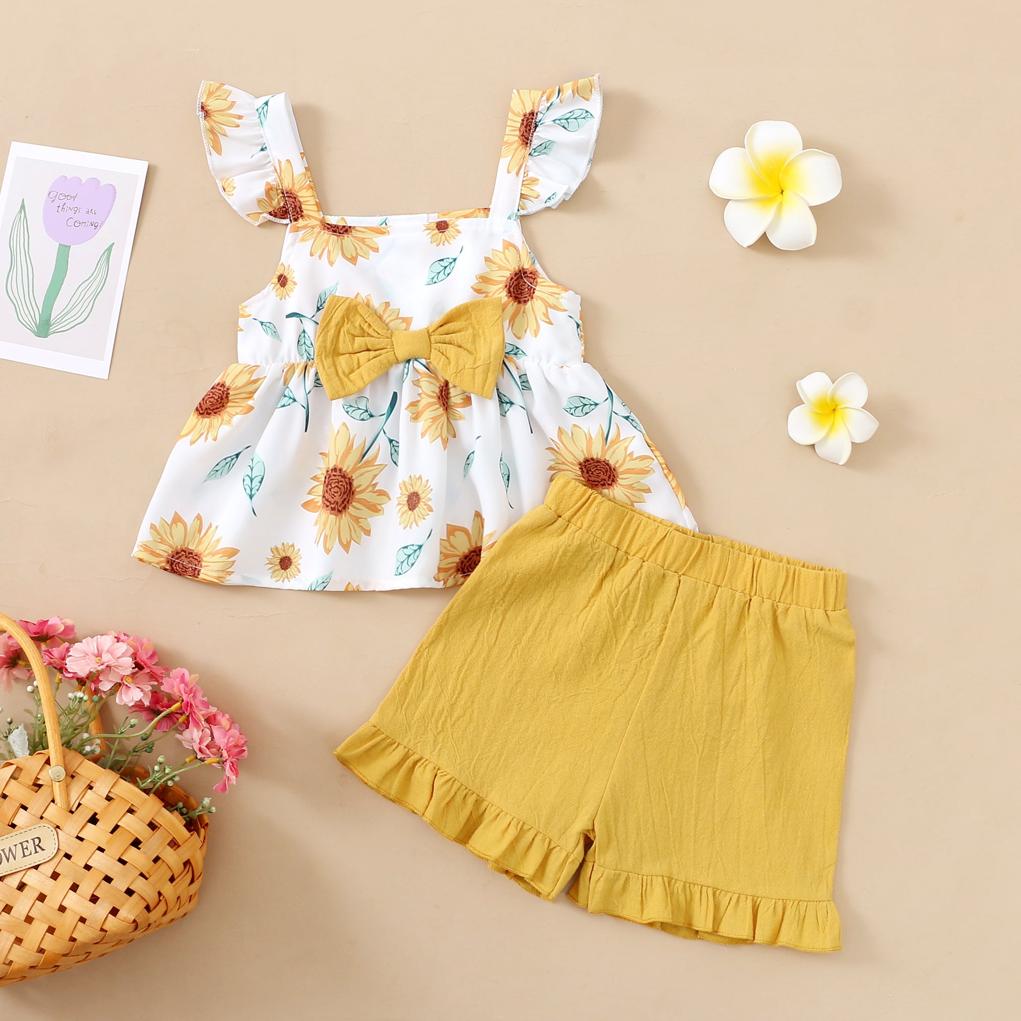 【WILD LIKE MY CURLS】baby girl summer suit baby girl yellow floral outfit 3pcs set F132111053-1