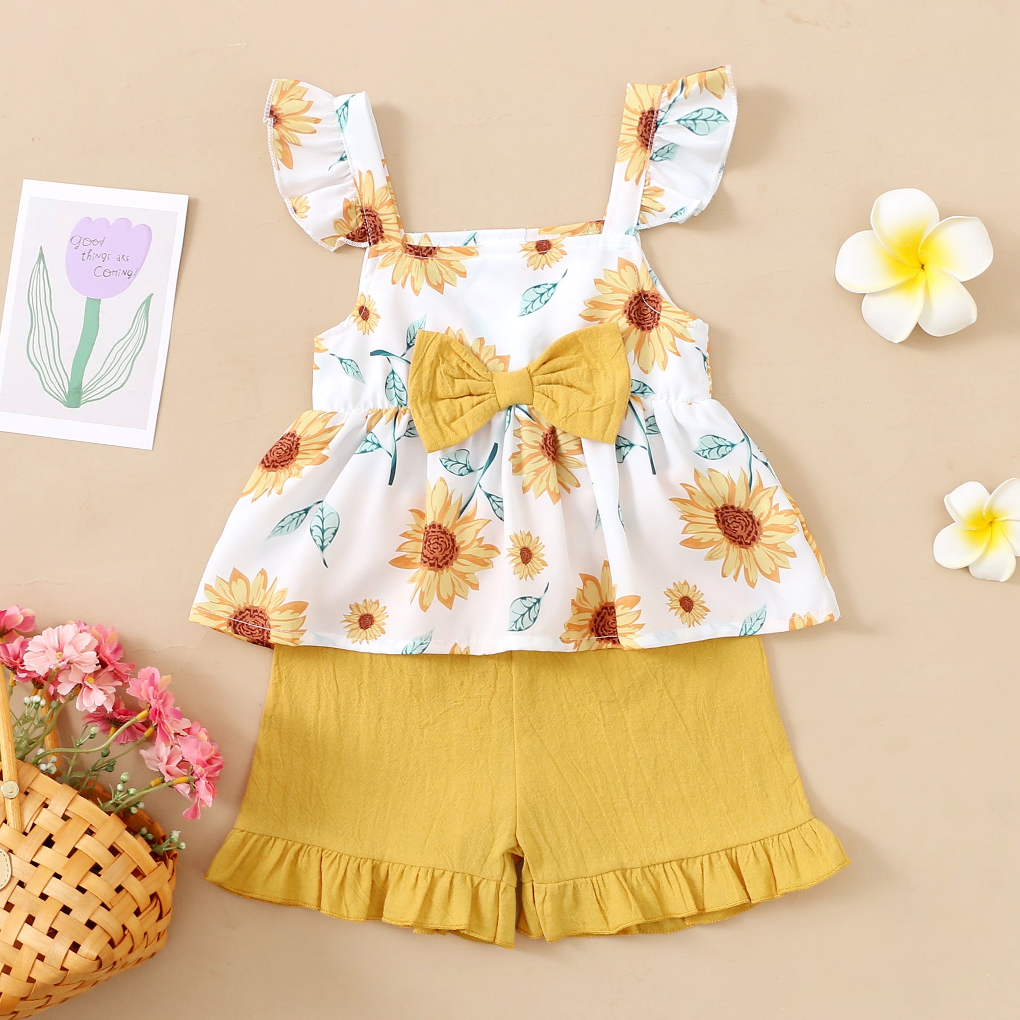 【WILD LIKE MY CURLS】baby girl summer suit baby girl yellow floral outfit 3pcs set F132111053-1