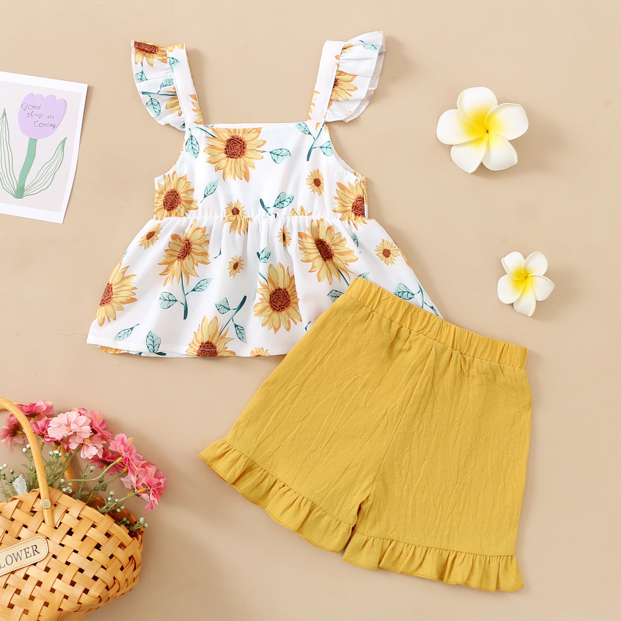 【WILD LIKE MY CURLS】baby girl summer suit baby girl yellow floral outfit 3pcs set F132111053-1