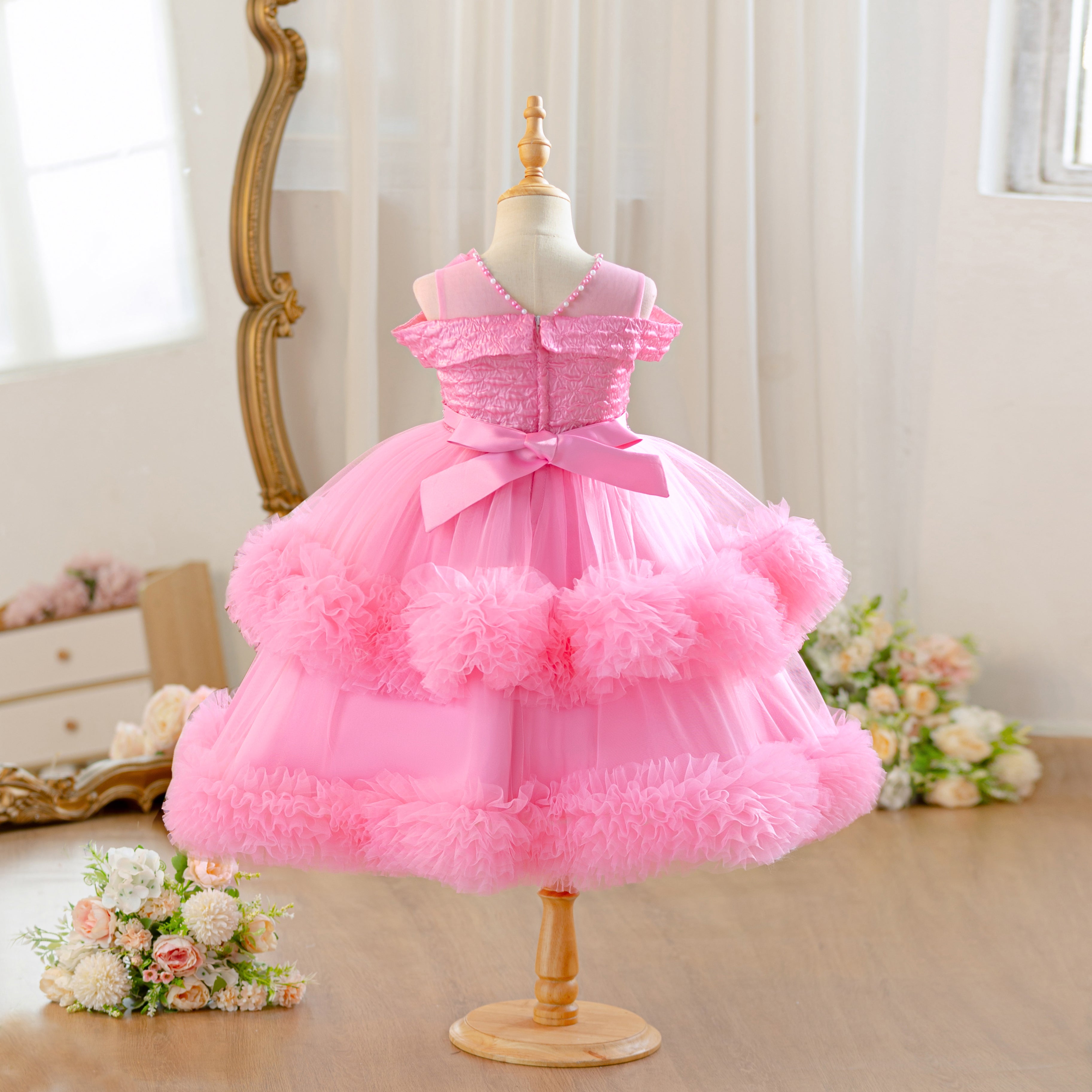 Wholesale Flower Girls Party Dress | Off Shoulder Tulle Feather Kids Princess Outfit for Birthday & Wedding | Bulk Order for Boutiques