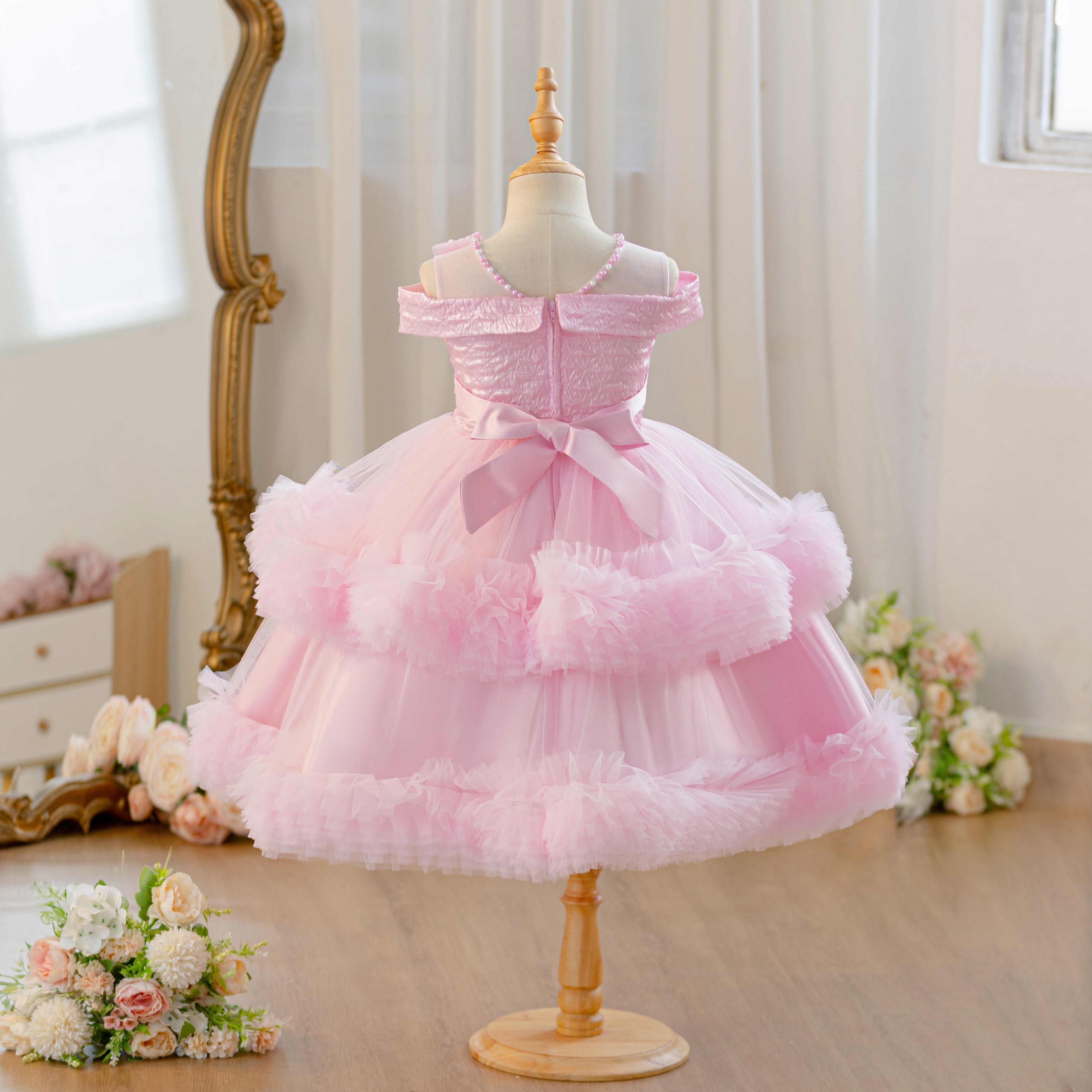 Wholesale Flower Girls Party Dress | Off Shoulder Tulle Feather Kids Princess Outfit for Birthday & Wedding | Bulk Order for Boutiques