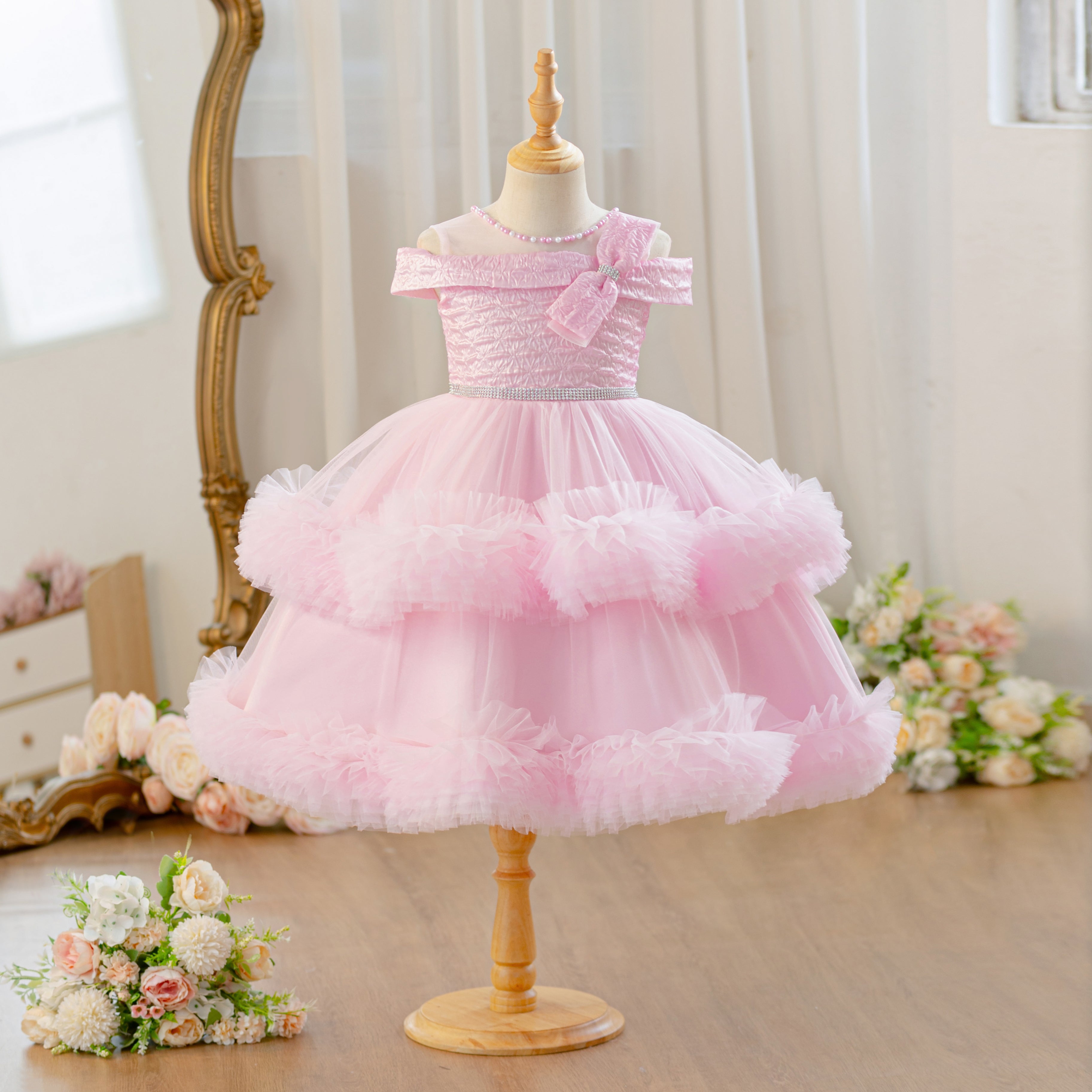 Wholesale Flower Girls Party Dress | Off Shoulder Tulle Feather Kids Princess Outfit for Birthday & Wedding | Bulk Order for Boutiques