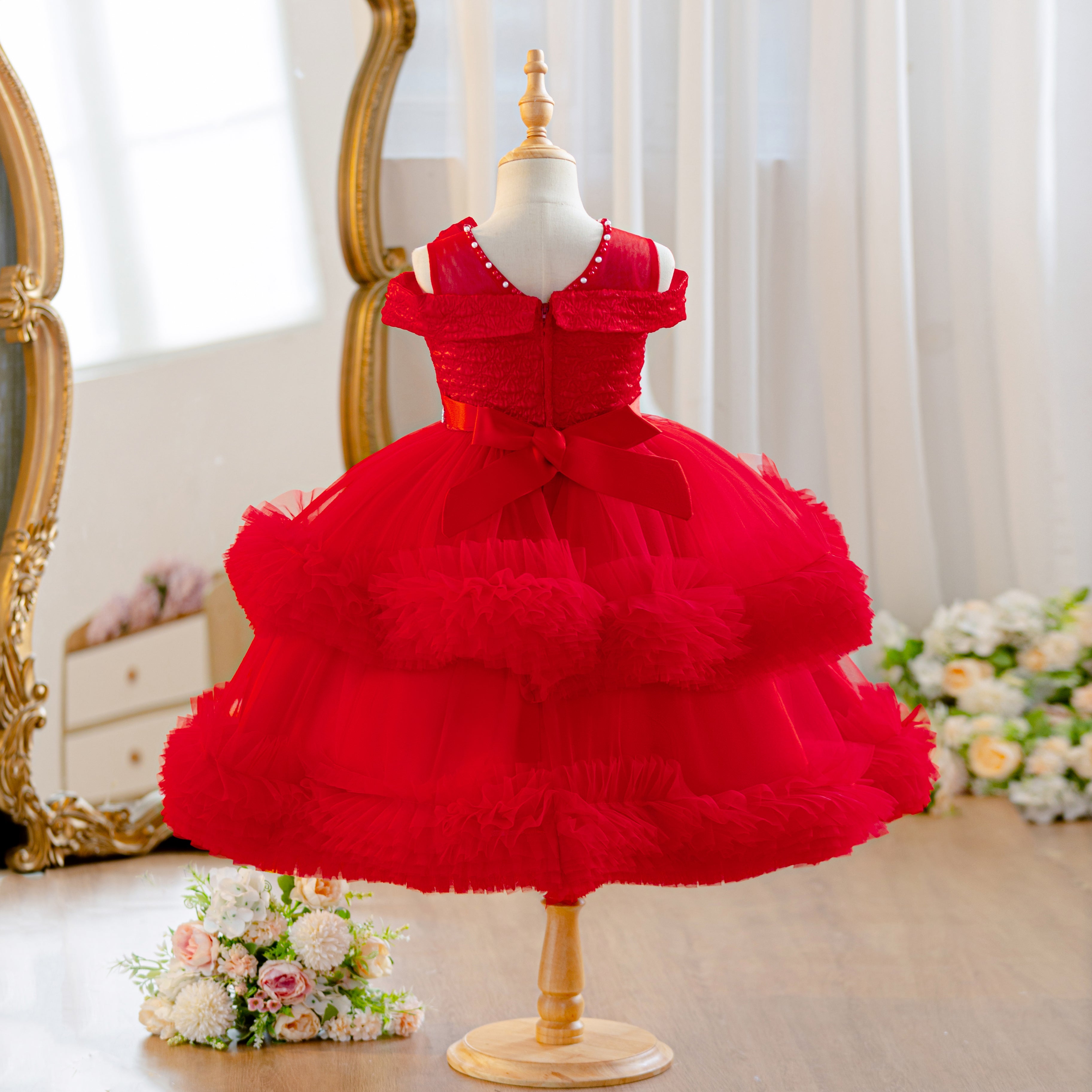 Wholesale Flower Girls Party Dress | Off Shoulder Tulle Feather Kids Princess Outfit for Birthday & Wedding | Bulk Order for Boutiques