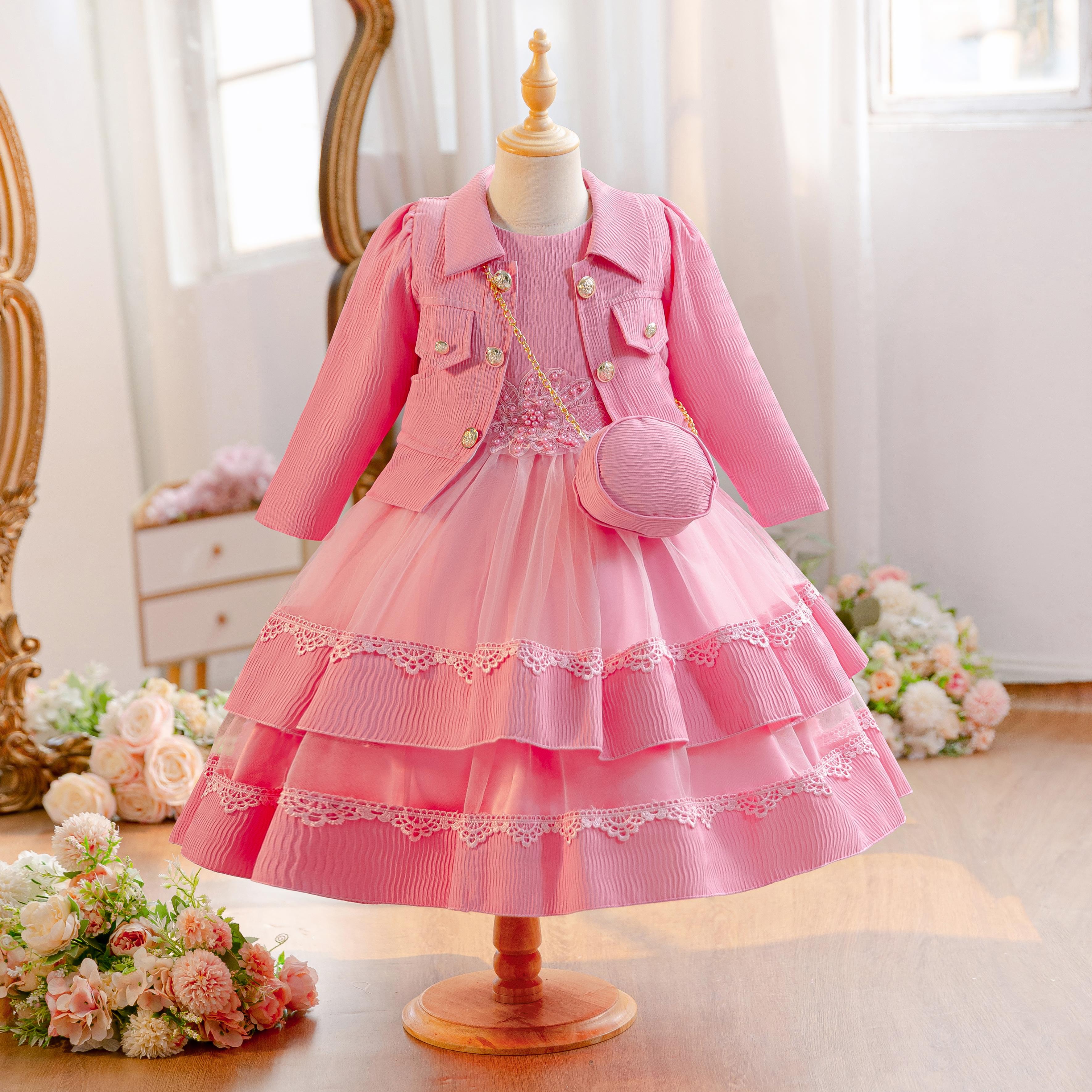 Wholesale 4-10Y Girls 3Pcs Rib Knit Lace Tulle Princess Dress Set, Kids Birthday Party Lapel Jacket Soft Fabric Formal Outfit With Mini Bag