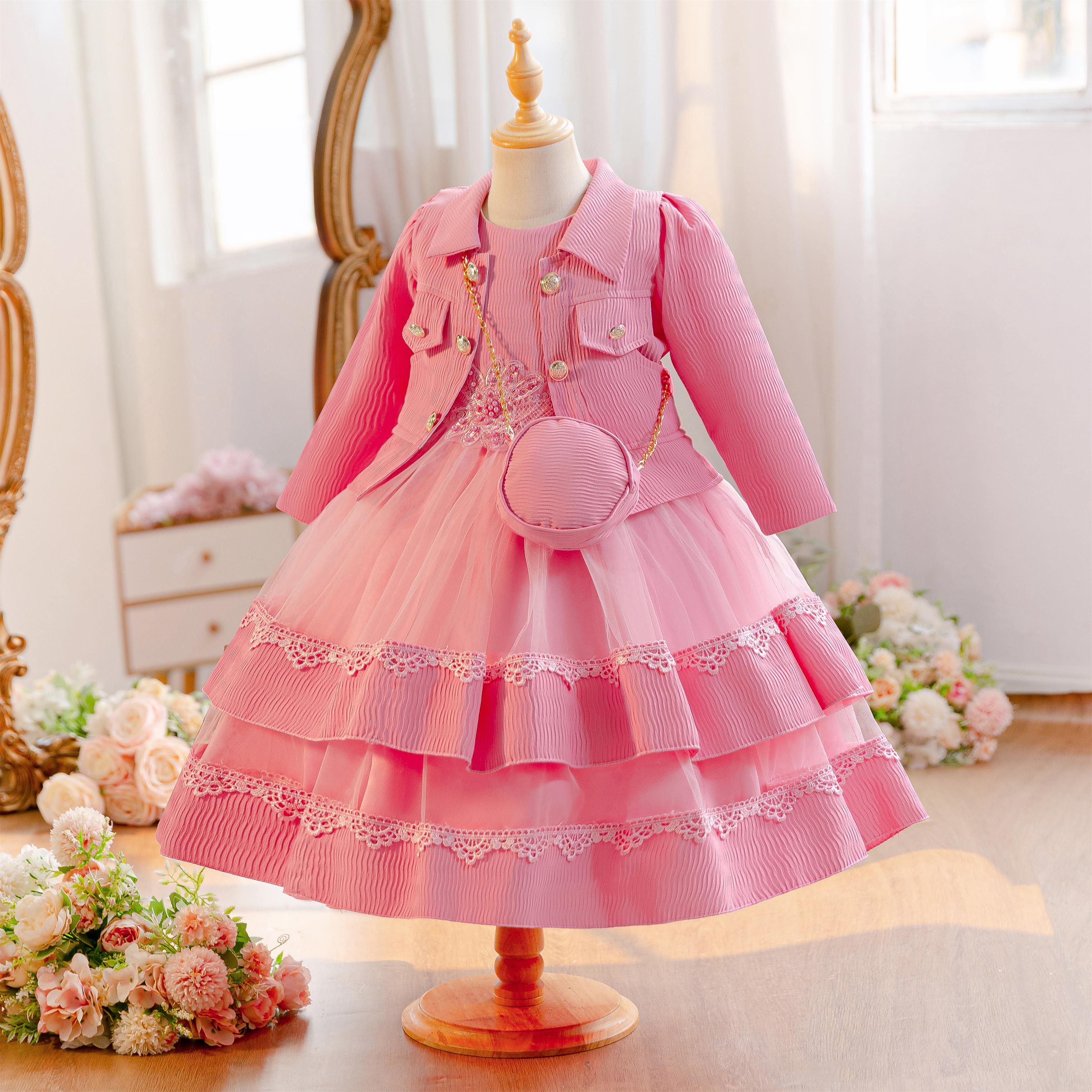 Wholesale 4-10Y Girls 3Pcs Rib Knit Lace Tulle Princess Dress Set, Kids Birthday Party Lapel Jacket Soft Fabric Formal Outfit With Mini Bag