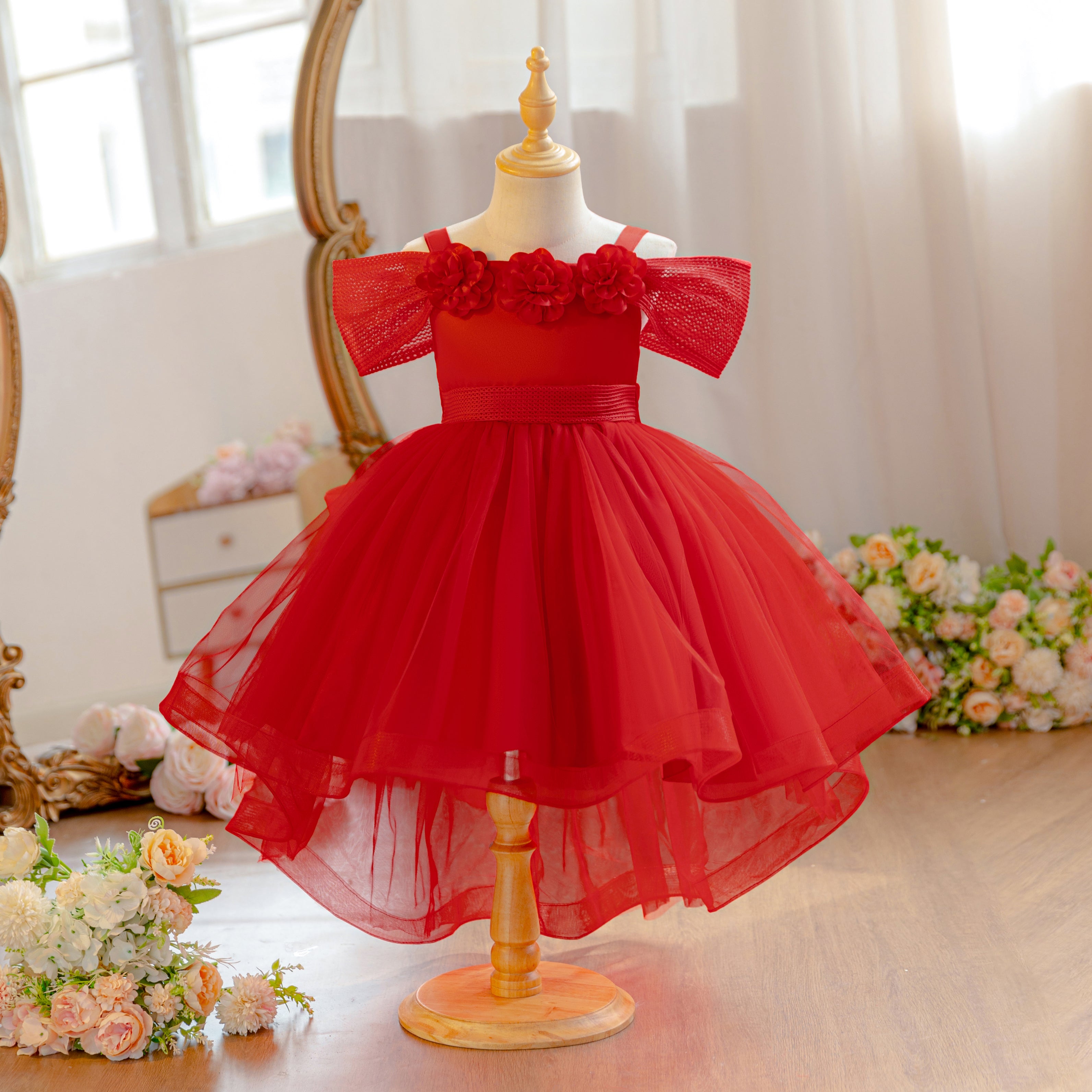 Wholesale 18M-7Y Girls Off Shoulder 3D Flower Tulle Princess Dress, Kids Birthday Party Soft Mesh Hi-Lo Formal Gown