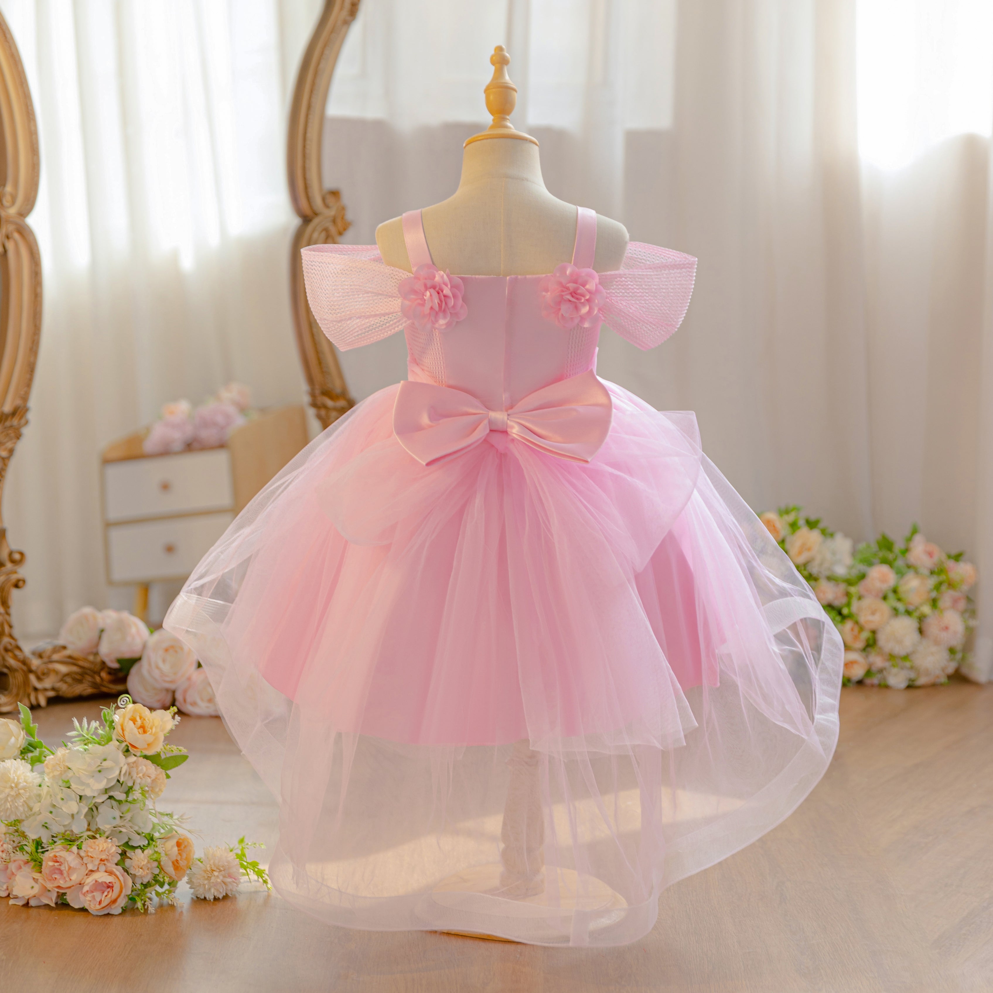 Wholesale 18M-7Y Girls Off Shoulder 3D Flower Tulle Princess Dress, Kids Birthday Party Soft Mesh Hi-Lo Formal Gown