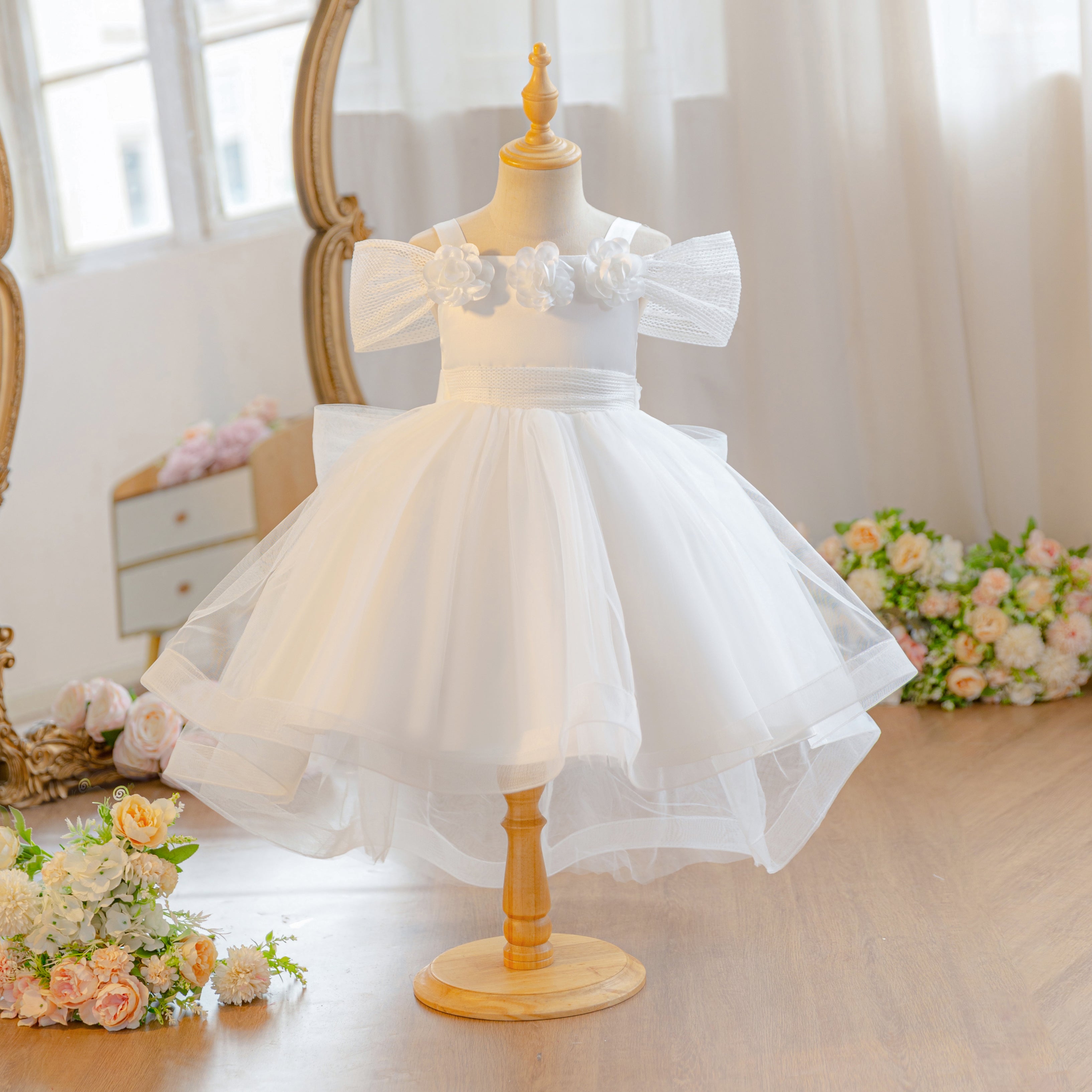 Wholesale 18M-7Y Girls Off Shoulder 3D Flower Tulle Princess Dress, Kids Birthday Party Soft Mesh Hi-Lo Formal Gown