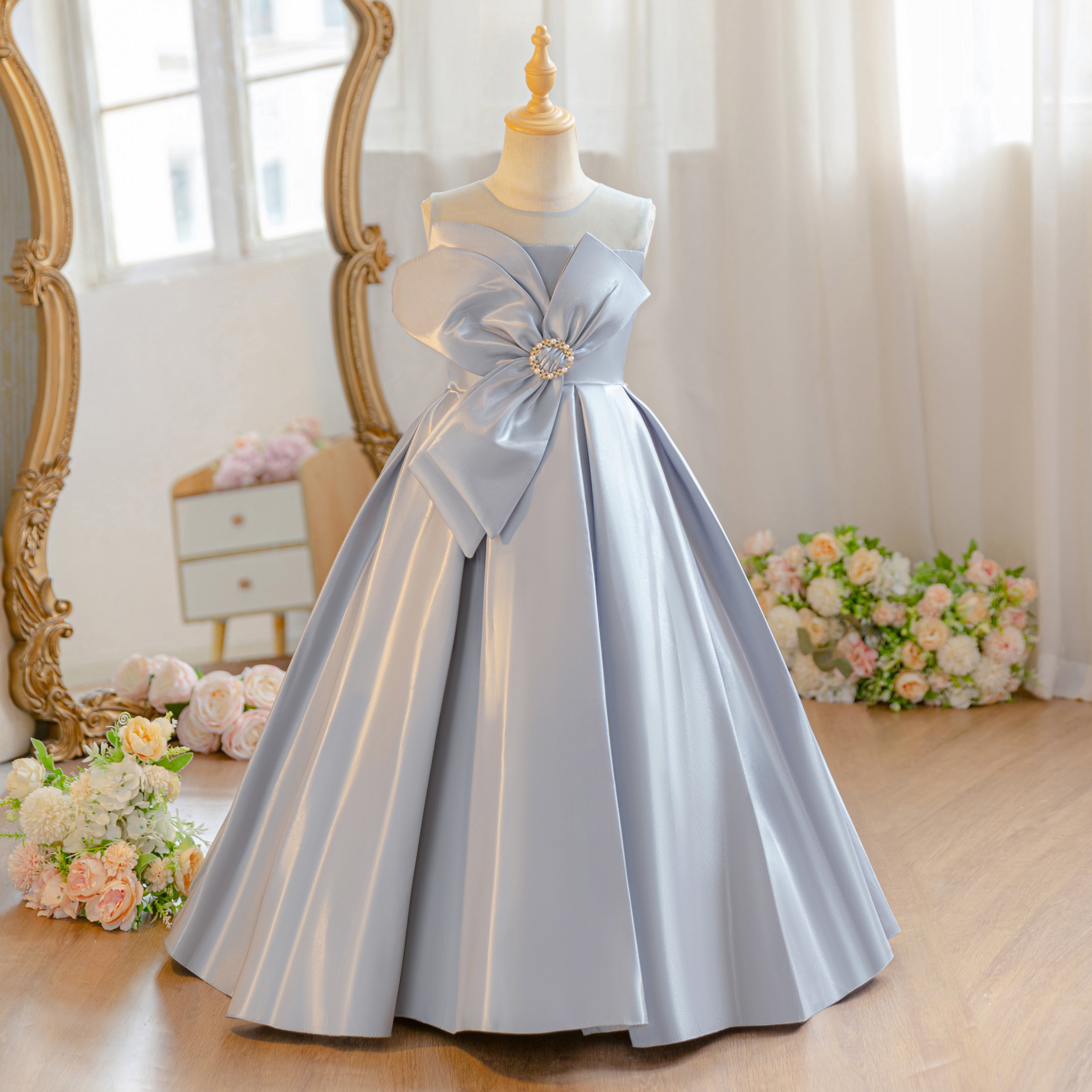 Wholesale Girls Summer Satin Princess Dress | Fluffy Ruffles Birthday Party Outfit with Big Bow | Cute Kids Formal Wear for Ages 5-12