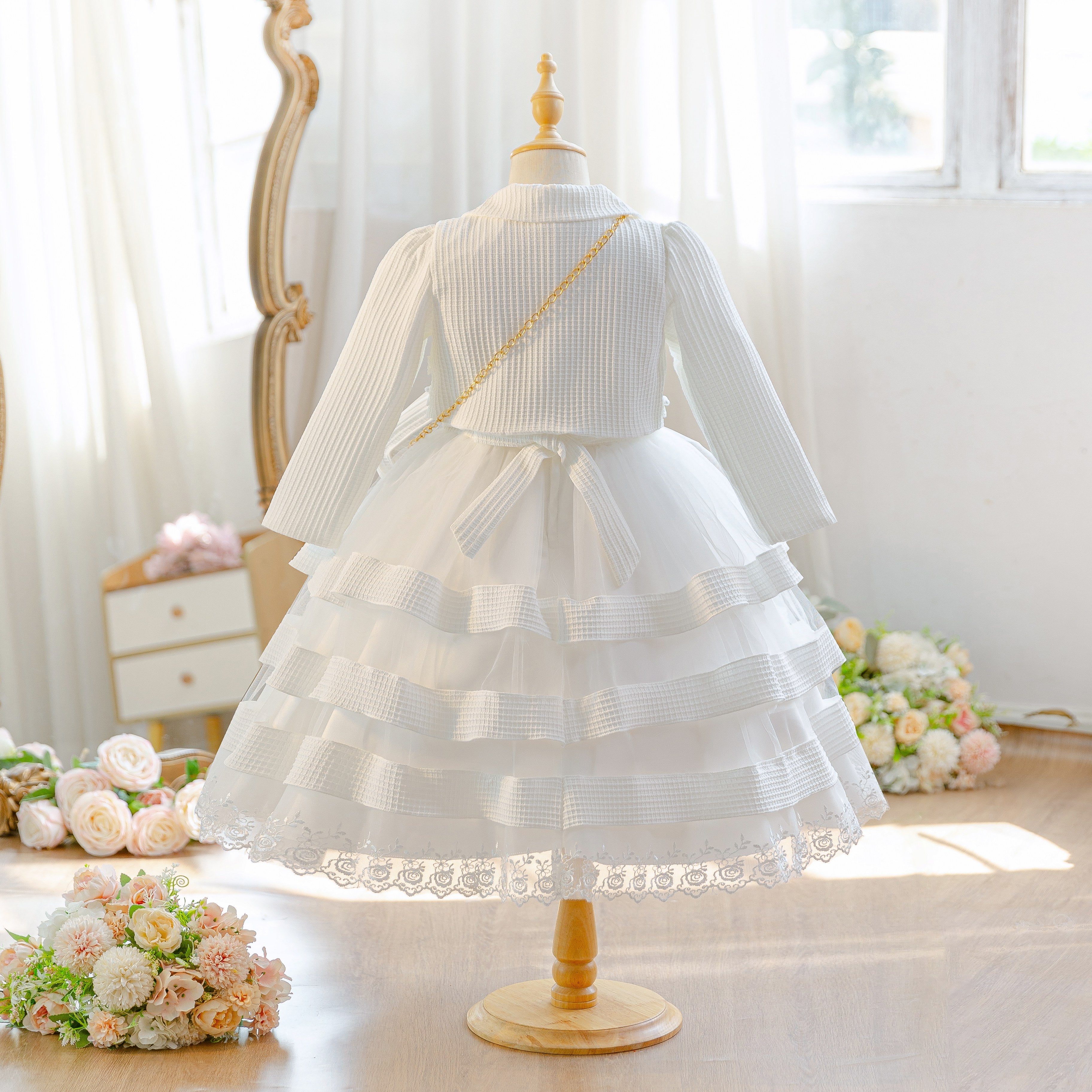 Wholesale 5-10Y Girls 3Pcs Rib Knit Lace Tiered Tulle Princess Dress Set, Kids Birthday Party Lapel Jacket Soft Fabric Formal Outfit With Mini Chain Bag