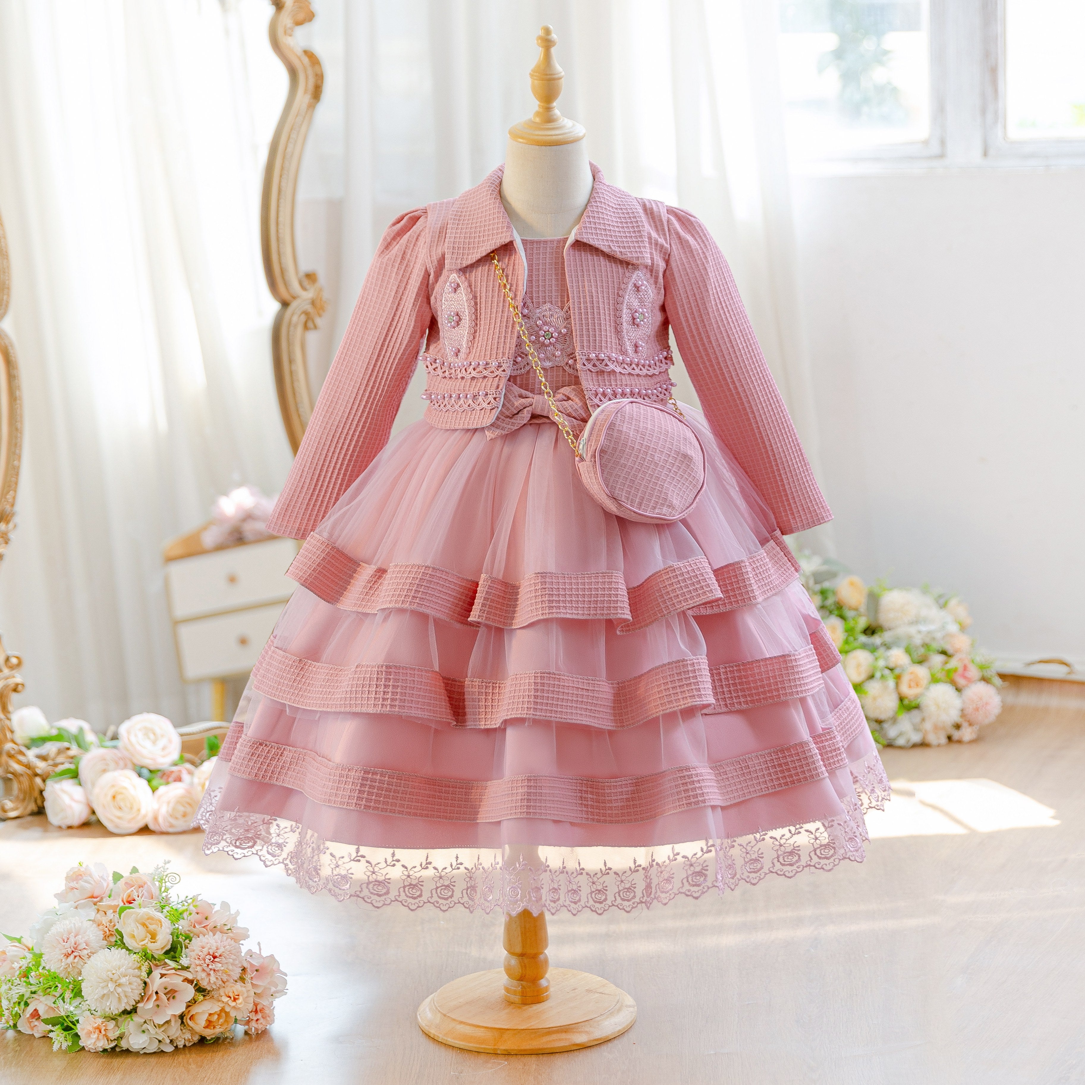 Wholesale 5-10Y Girls 3Pcs Rib Knit Lace Tiered Tulle Princess Dress Set, Kids Birthday Party Lapel Jacket Soft Fabric Formal Outfit With Mini Chain Bag