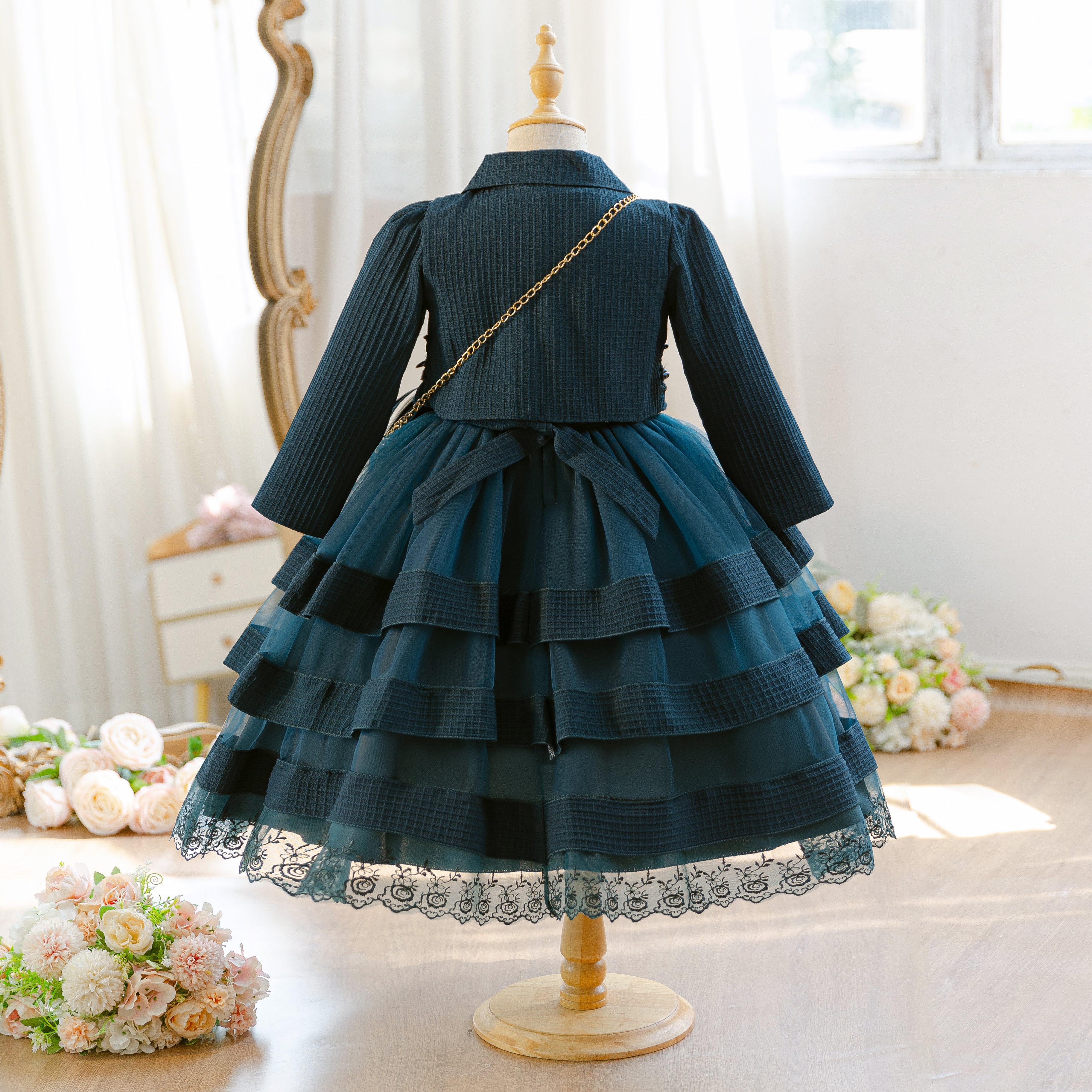 Wholesale 5-10Y Girls 3Pcs Rib Knit Lace Tiered Tulle Princess Dress Set, Kids Birthday Party Lapel Jacket Soft Fabric Formal Outfit With Mini Chain Bag