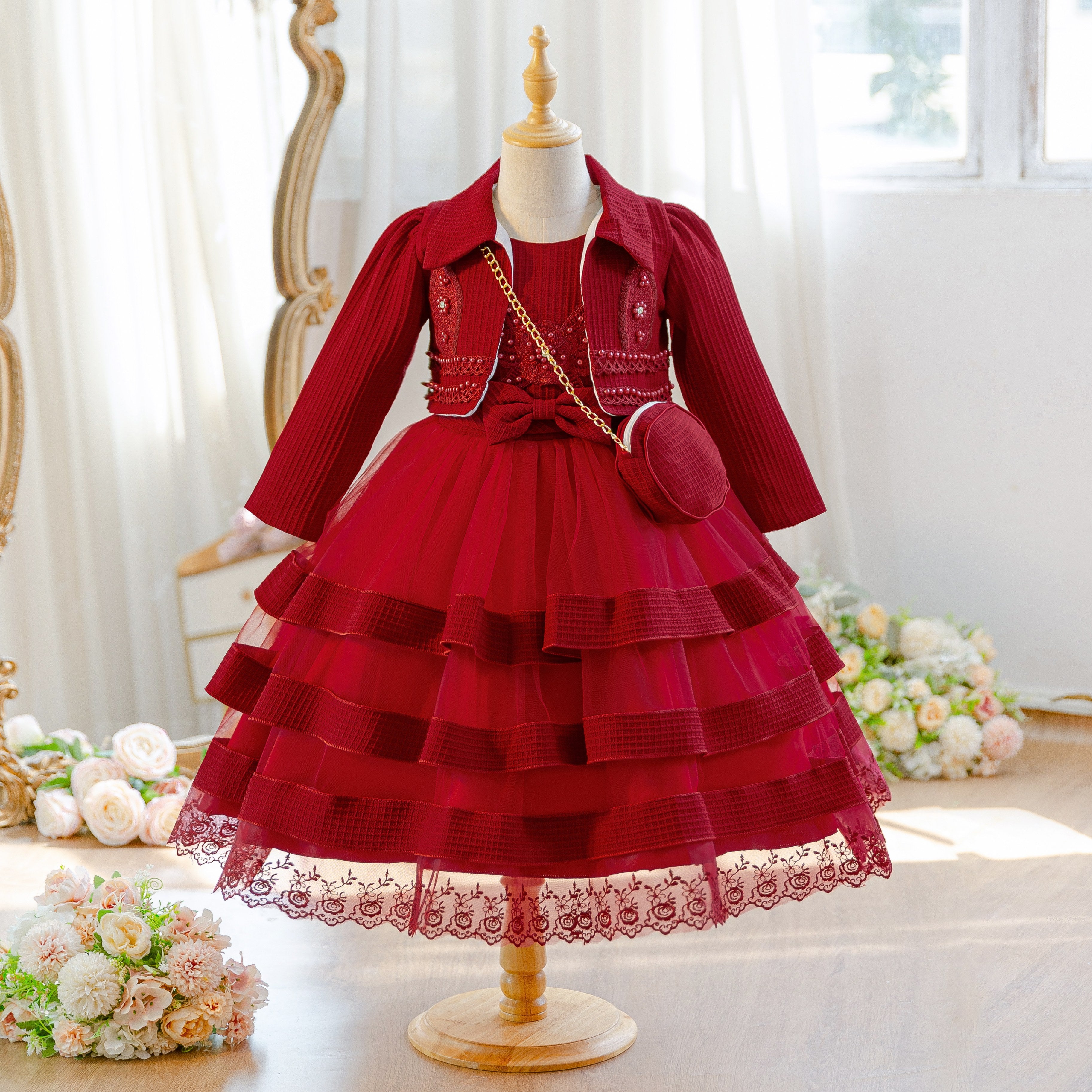 Wholesale 5-10Y Girls 3Pcs Rib Knit Lace Tiered Tulle Princess Dress Set, Kids Birthday Party Lapel Jacket Soft Fabric Formal Outfit With Mini Chain Bag