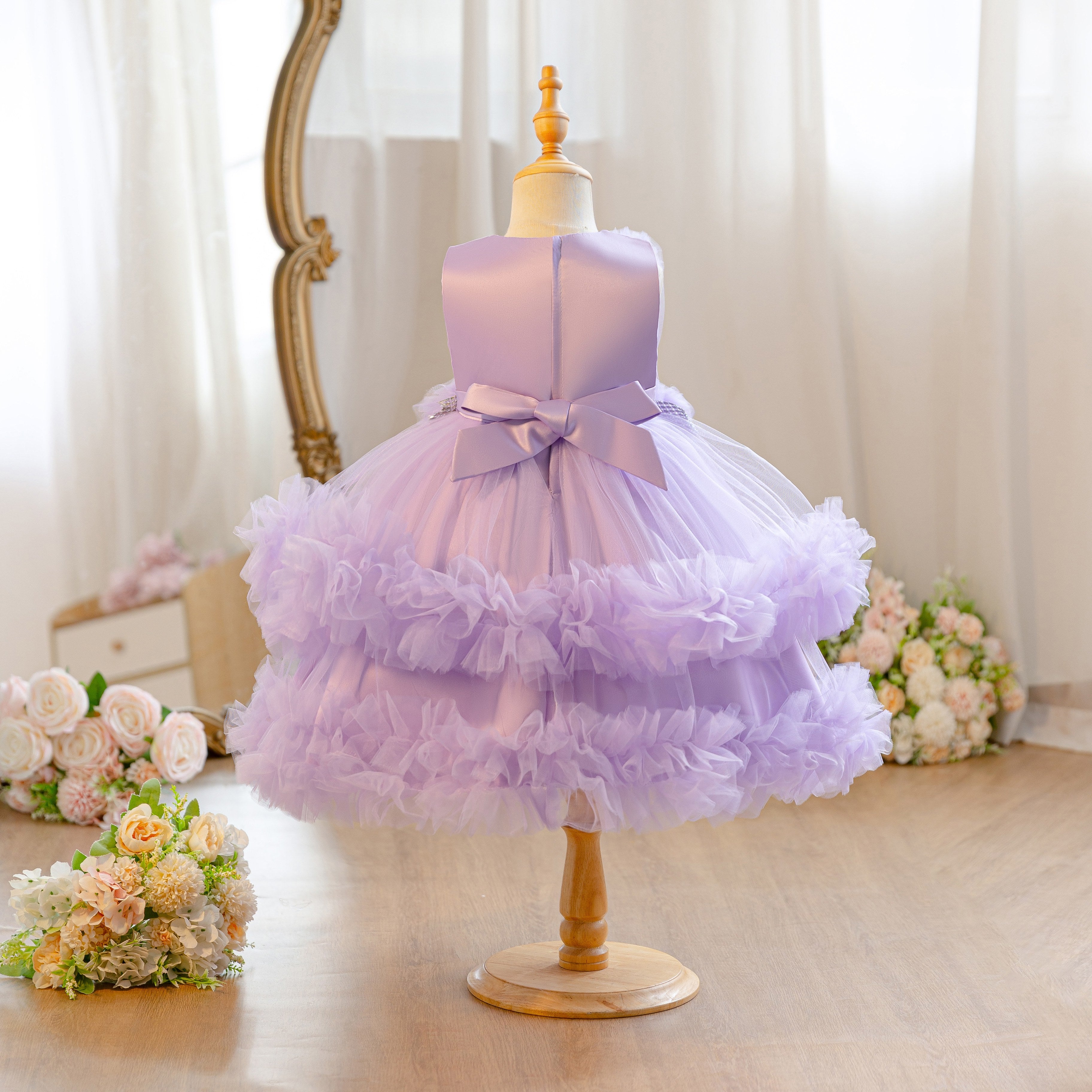 Wholesale 18M-7Y Girls Sleeveless 3D Flower Ruffle Tiered Tulle Princess Dress, Kids Birthday Party Soft Mesh Formal Gown