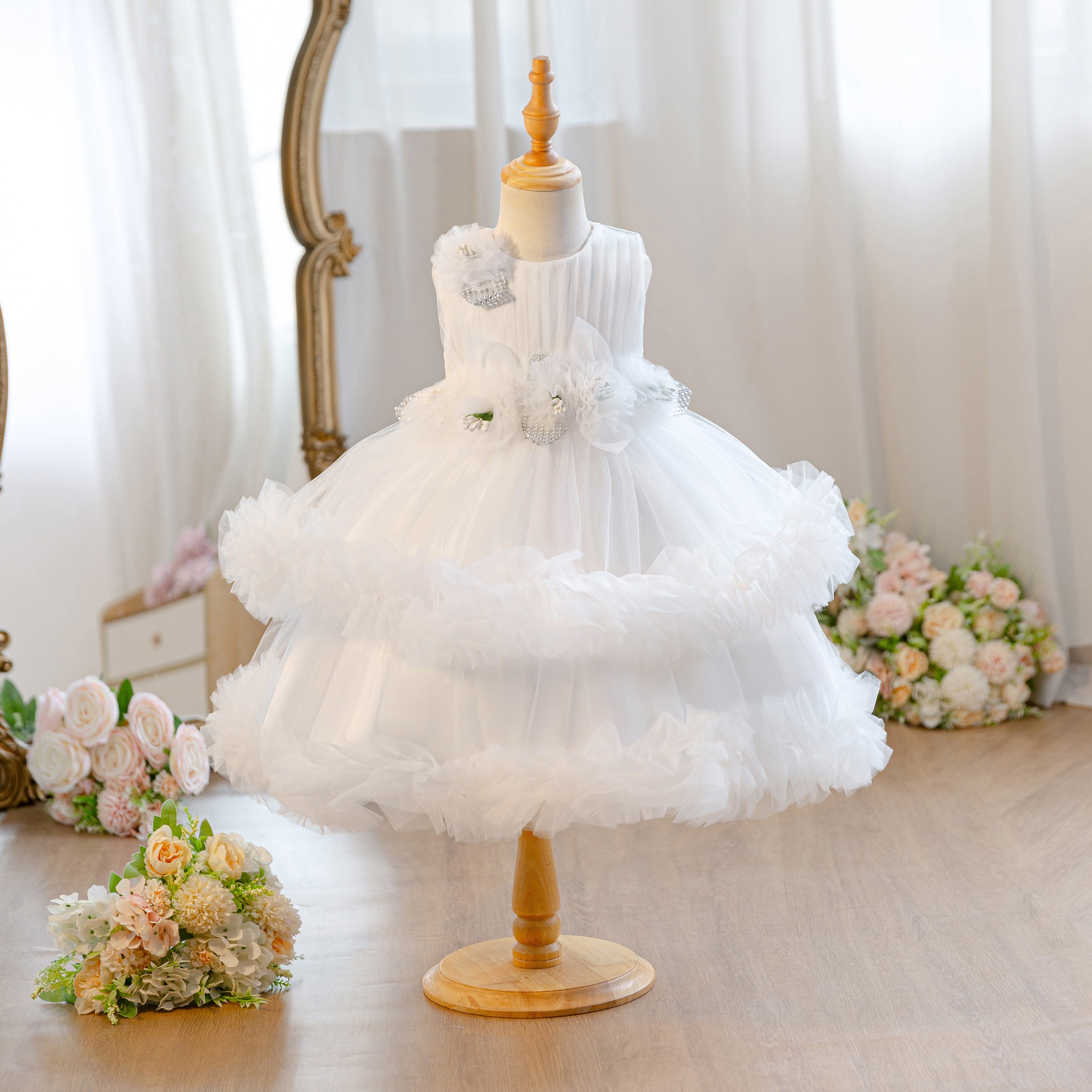Wholesale 18M-7Y Girls Sleeveless 3D Flower Ruffle Tiered Tulle Princess Dress, Kids Birthday Party Soft Mesh Formal Gown