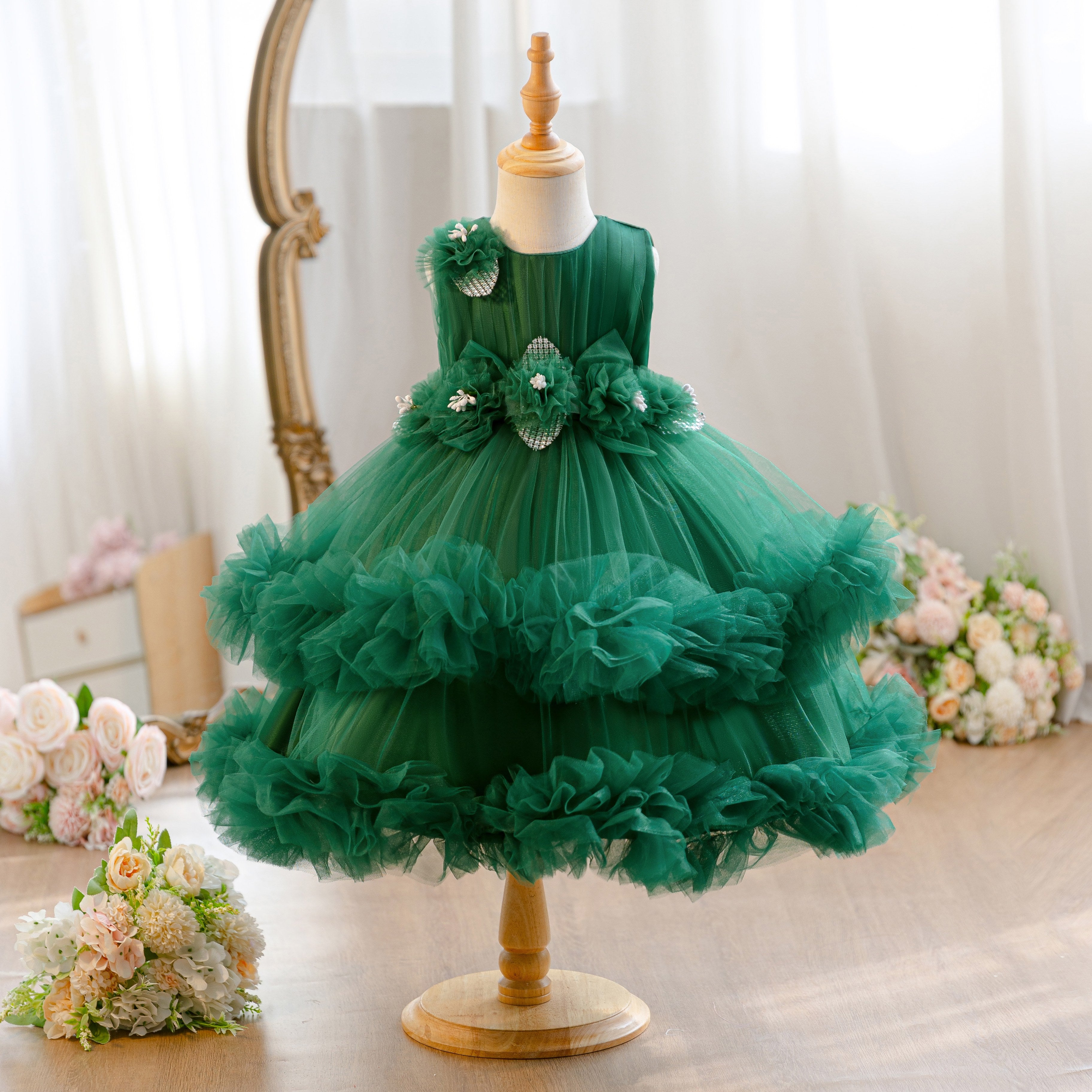 Wholesale 18M-7Y Girls Sleeveless 3D Flower Ruffle Tiered Tulle Princess Dress, Kids Birthday Party Soft Mesh Formal Gown