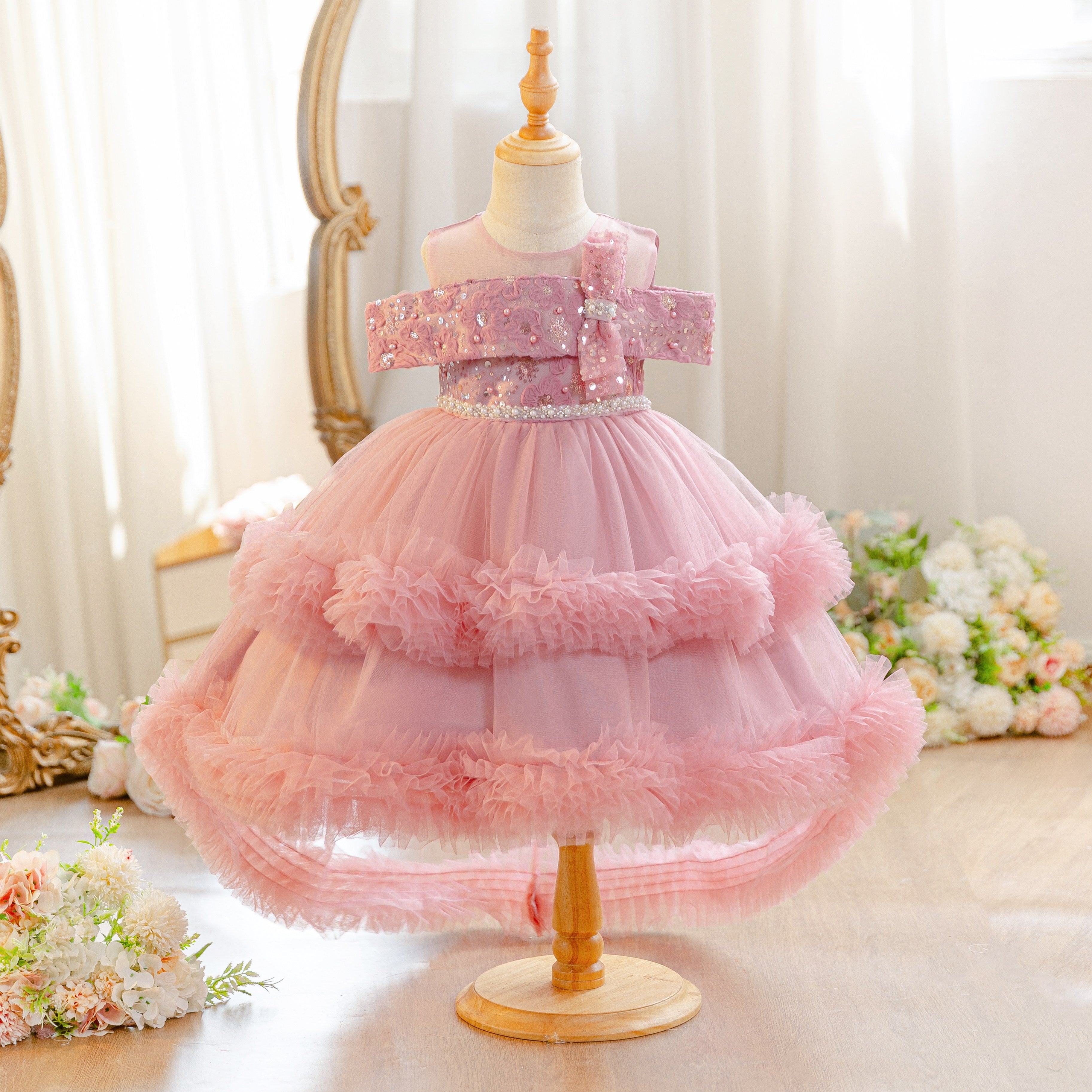 Wholesale 18M-7Y Girls Off Shoulder Sequin Tiered Tulle Princess Dress, Kids Birthday Party Bow Soft Mesh Formal Gown