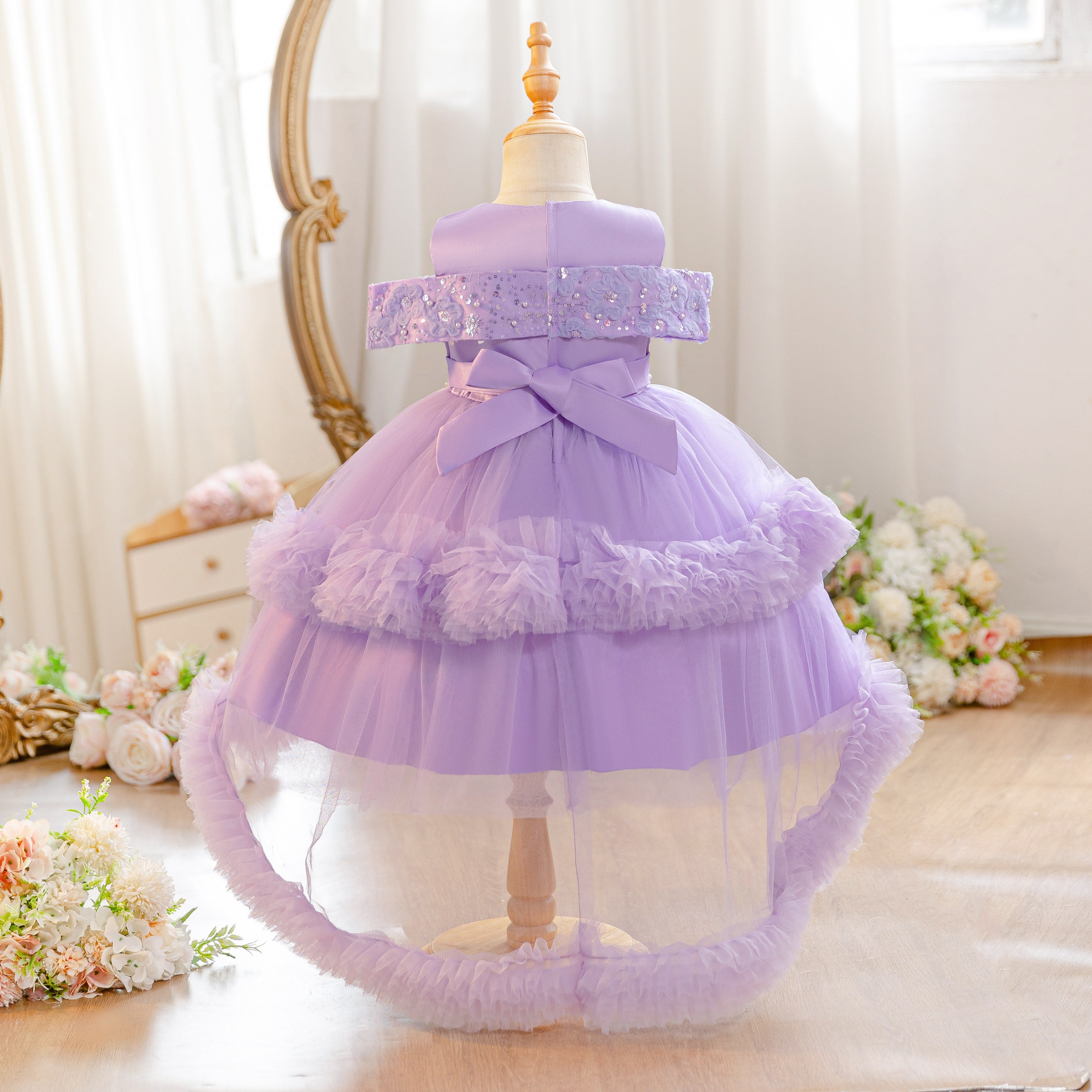 Wholesale 18M-7Y Girls Off Shoulder Sequin Tiered Tulle Princess Dress, Kids Birthday Party Bow Soft Mesh Formal Gown