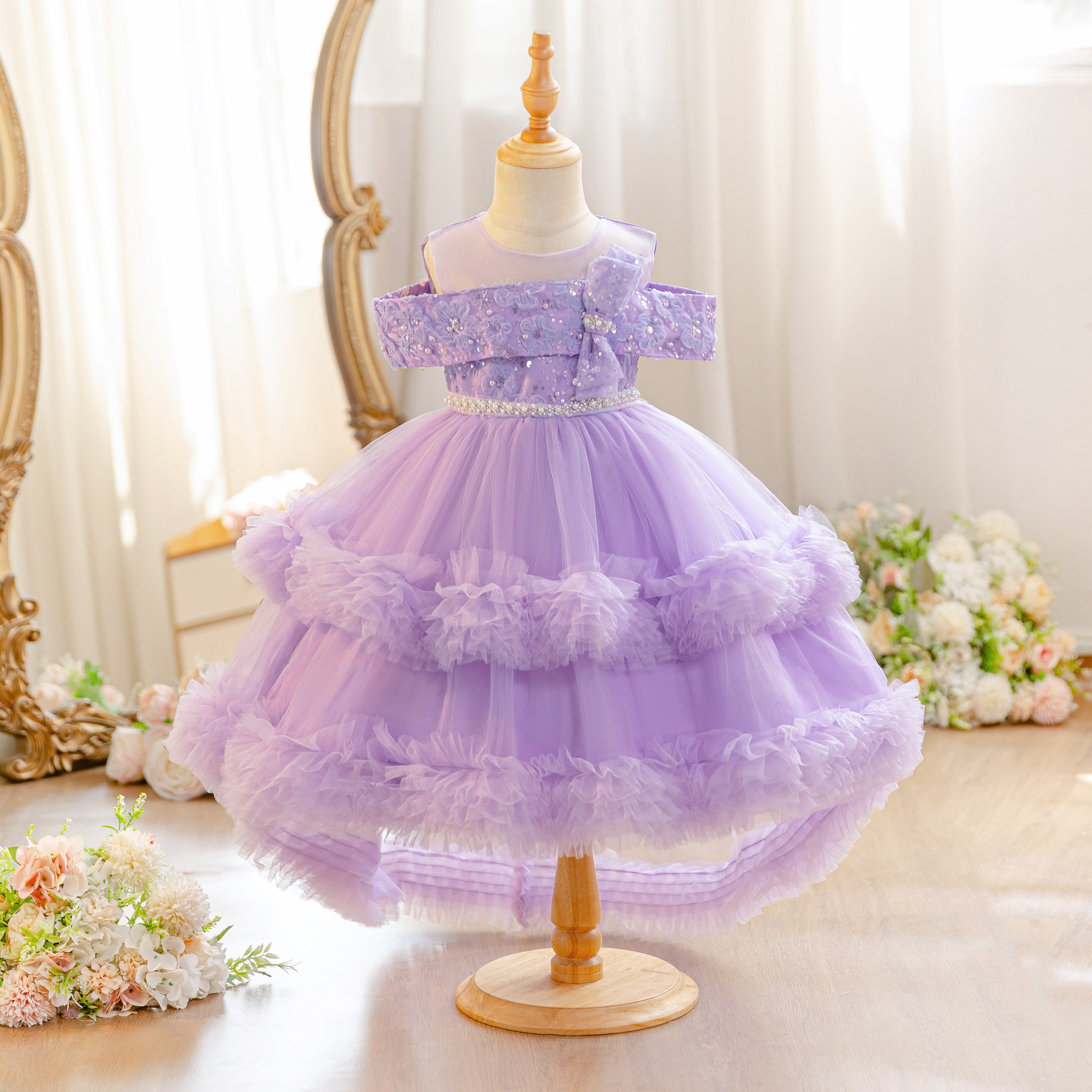 Wholesale 18M-7Y Girls Off Shoulder Sequin Tiered Tulle Princess Dress, Kids Birthday Party Bow Soft Mesh Formal Gown