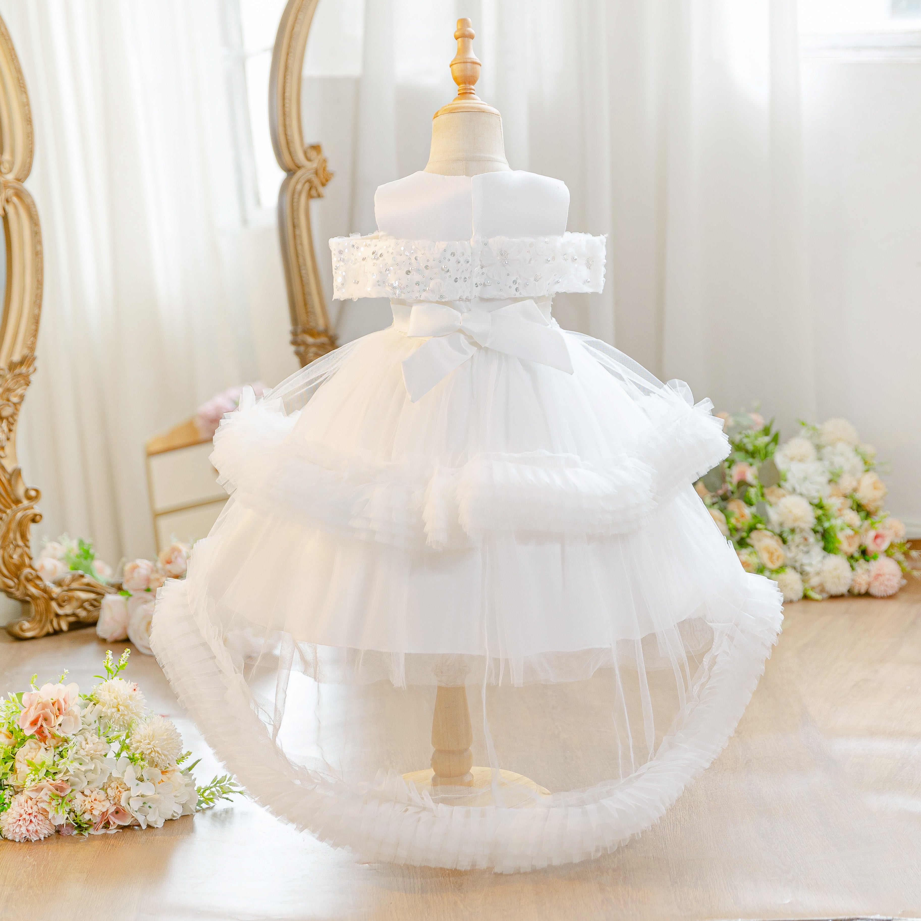 Wholesale 18M-7Y Girls Off Shoulder Sequin Tiered Tulle Princess Dress, Kids Birthday Party Bow Soft Mesh Formal Gown