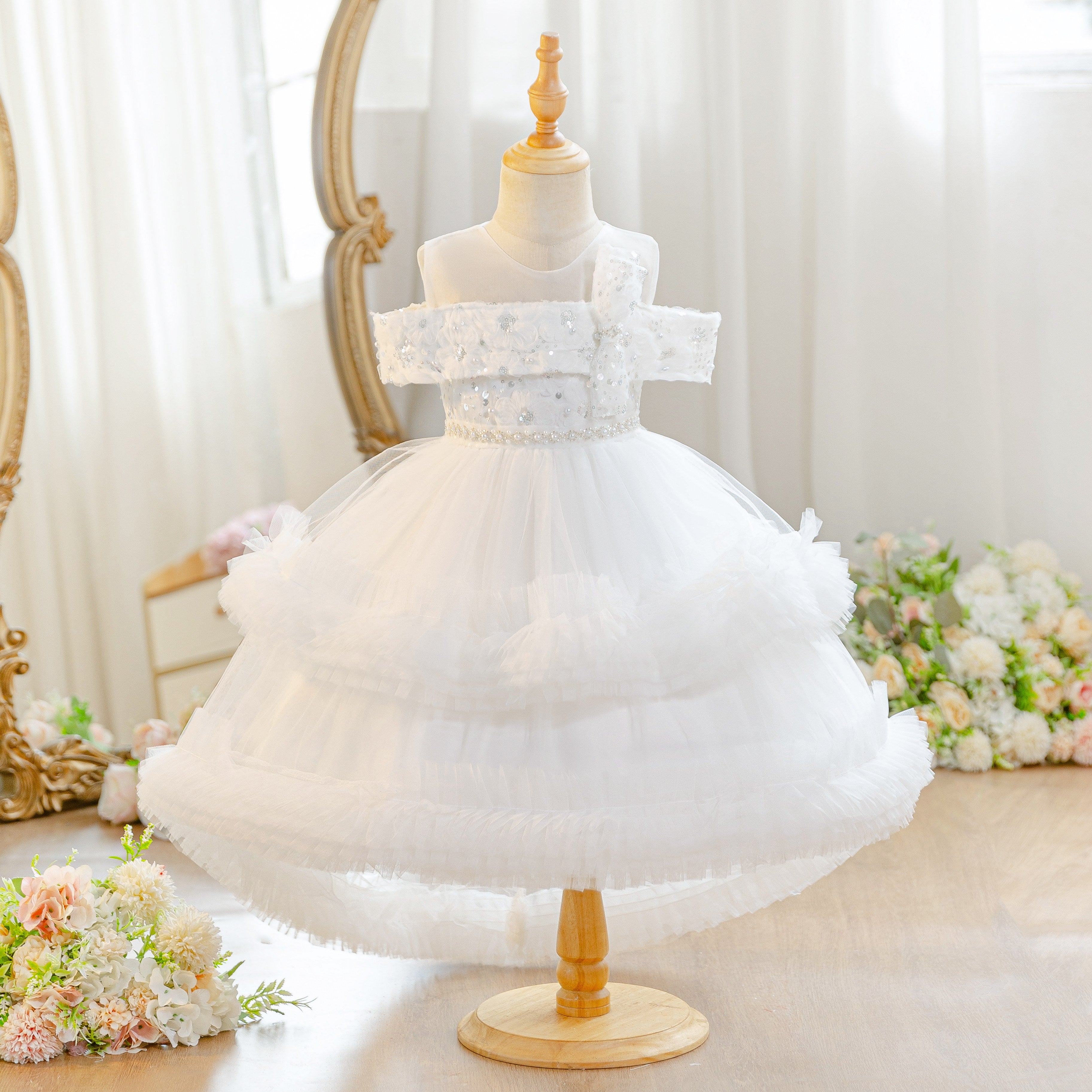 Wholesale 18M-7Y Girls Off Shoulder Sequin Tiered Tulle Princess Dress, Kids Birthday Party Bow Soft Mesh Formal Gown