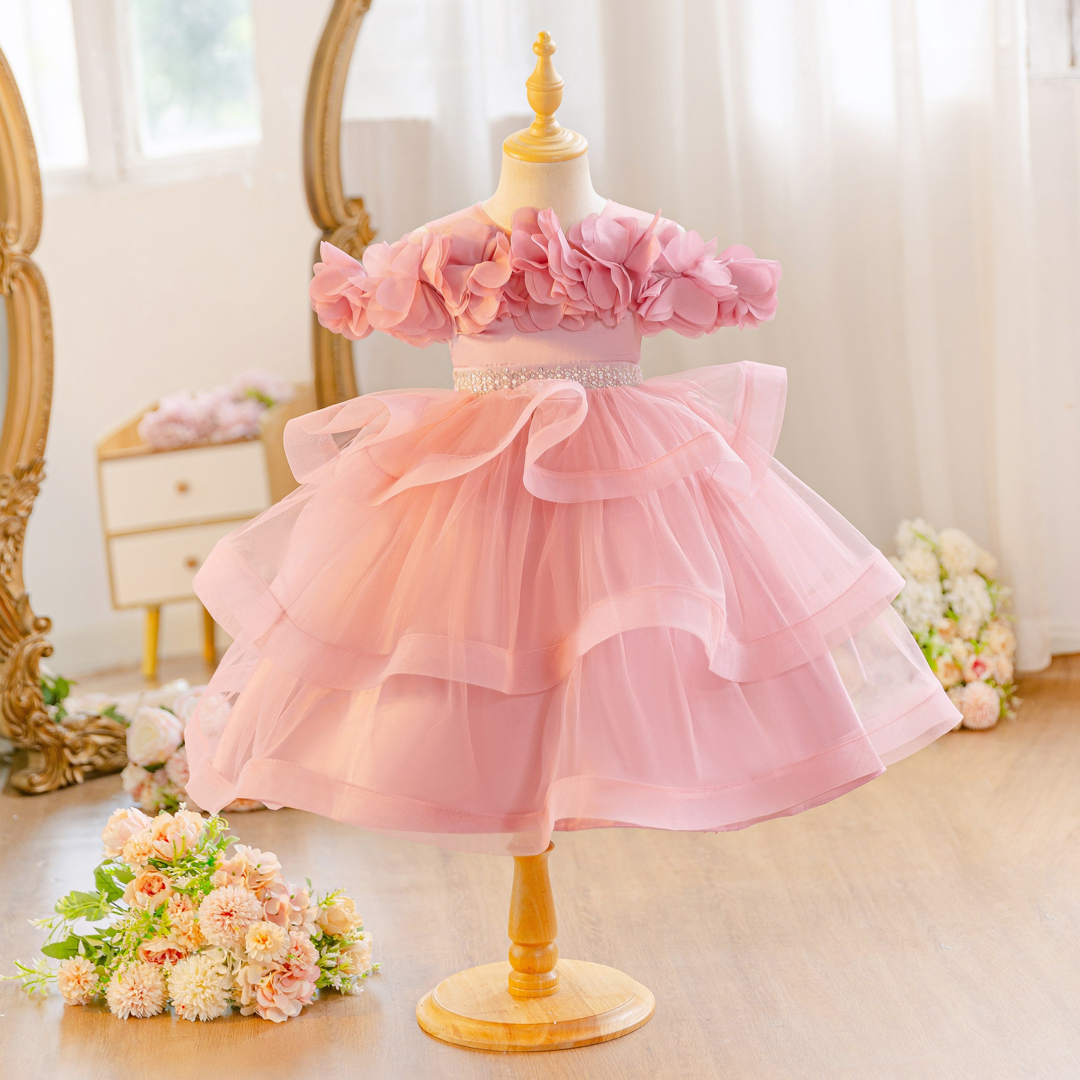 Wholesale 18M-7Y Girls Off Shoulder 3D Flower Tiered Tulle Princess Dress, Kids Birthday Party Rhinestone Waist Soft Mesh Formal Gown