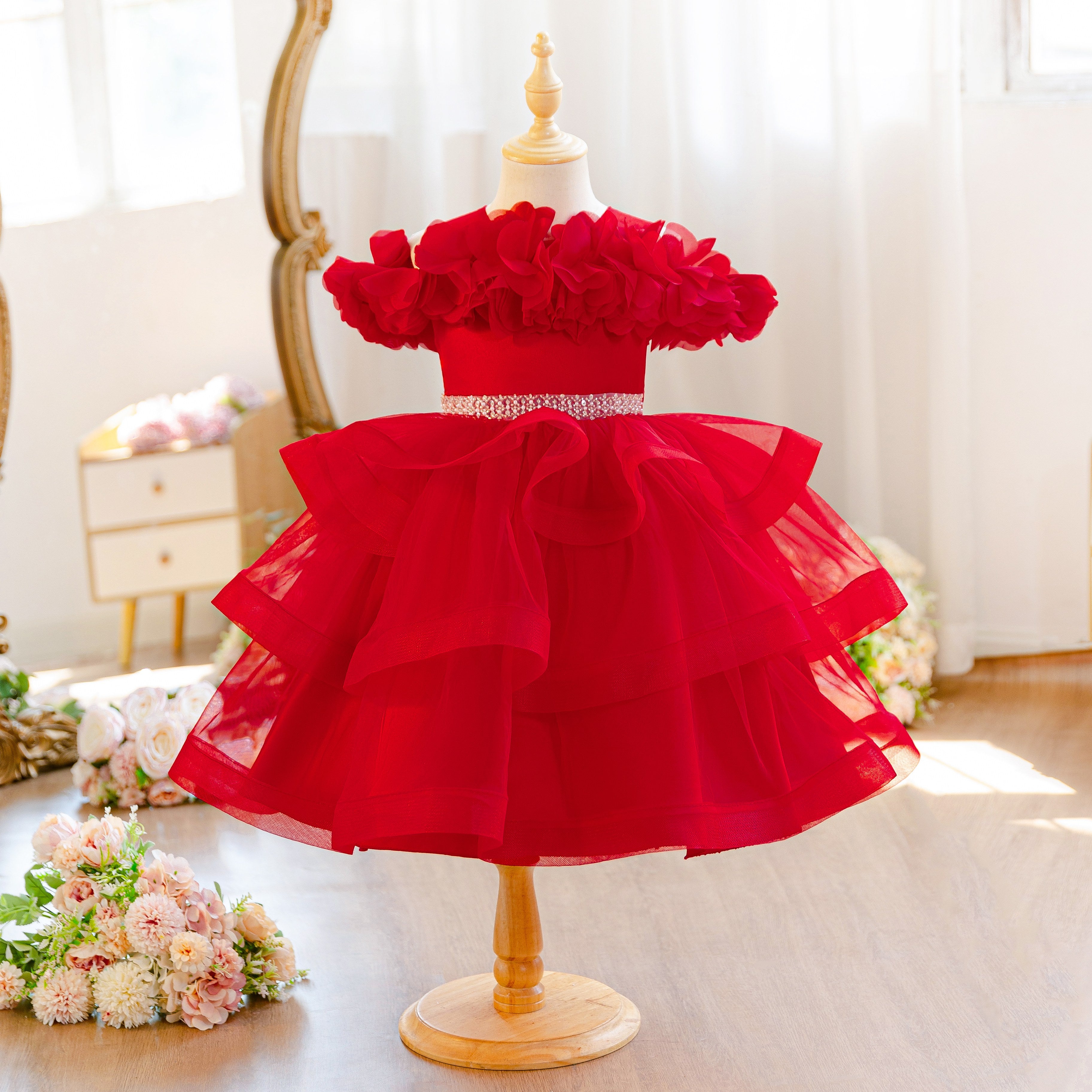 Wholesale 18M-7Y Girls Off Shoulder 3D Flower Tiered Tulle Princess Dress, Kids Birthday Party Rhinestone Waist Soft Mesh Formal Gown