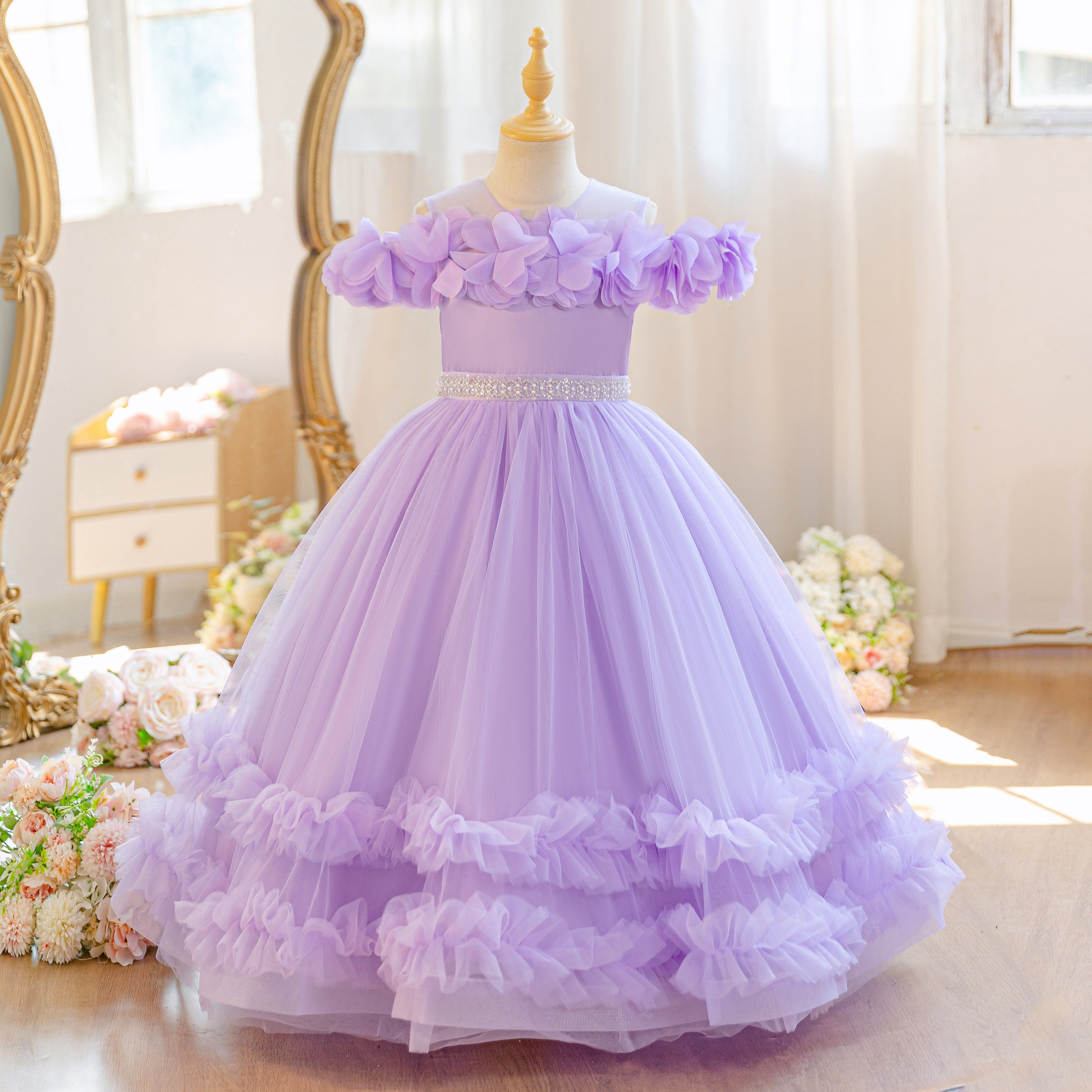 Wholesale 5-11Y Girls Off Shoulder 3D Flower Tulle Princess Dress, Kids Birthday Party Rhinestone Waist Soft Mesh Formal Gown
