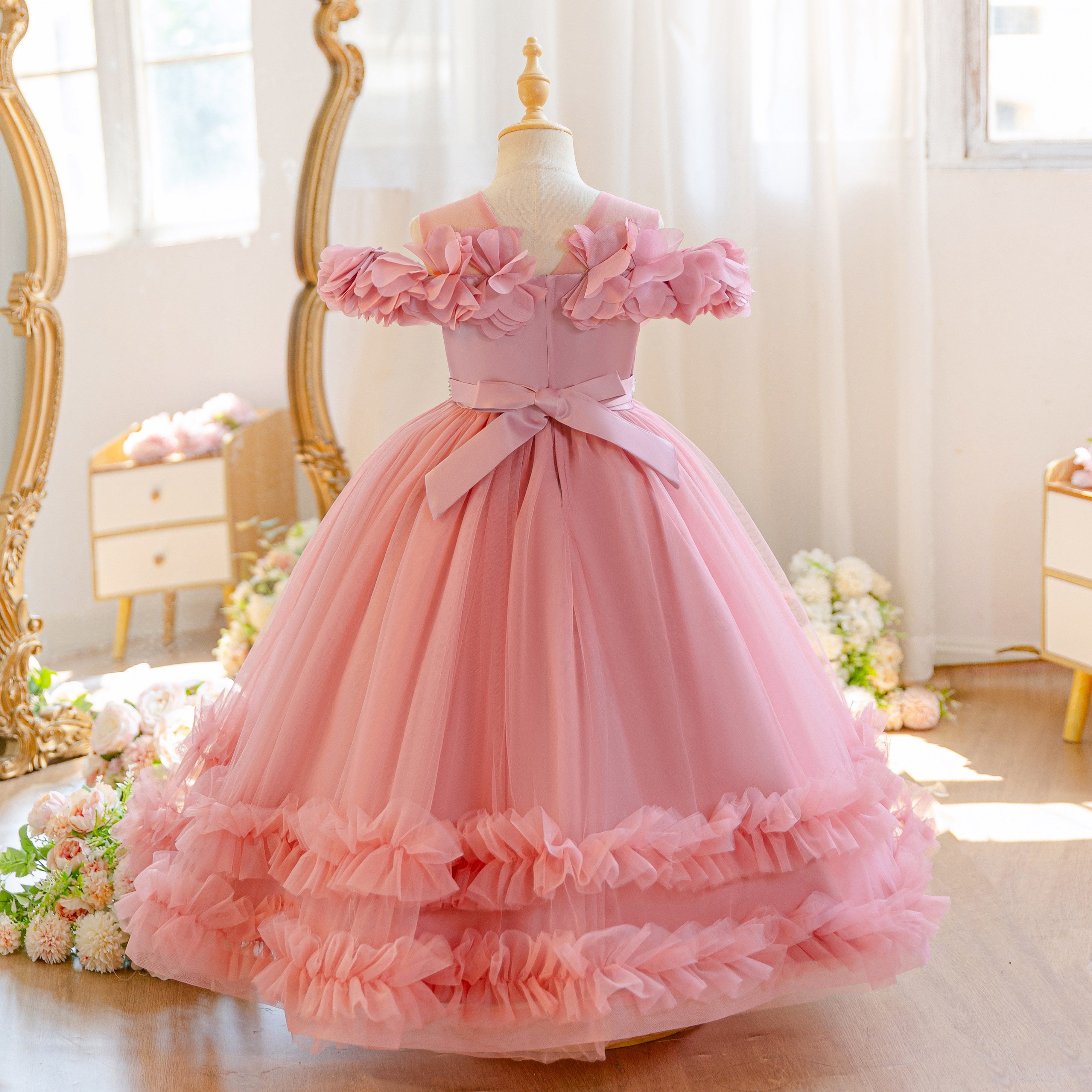 Wholesale 5-11Y Girls Off Shoulder 3D Flower Tulle Princess Dress, Kids Birthday Party Rhinestone Waist Soft Mesh Formal Gown