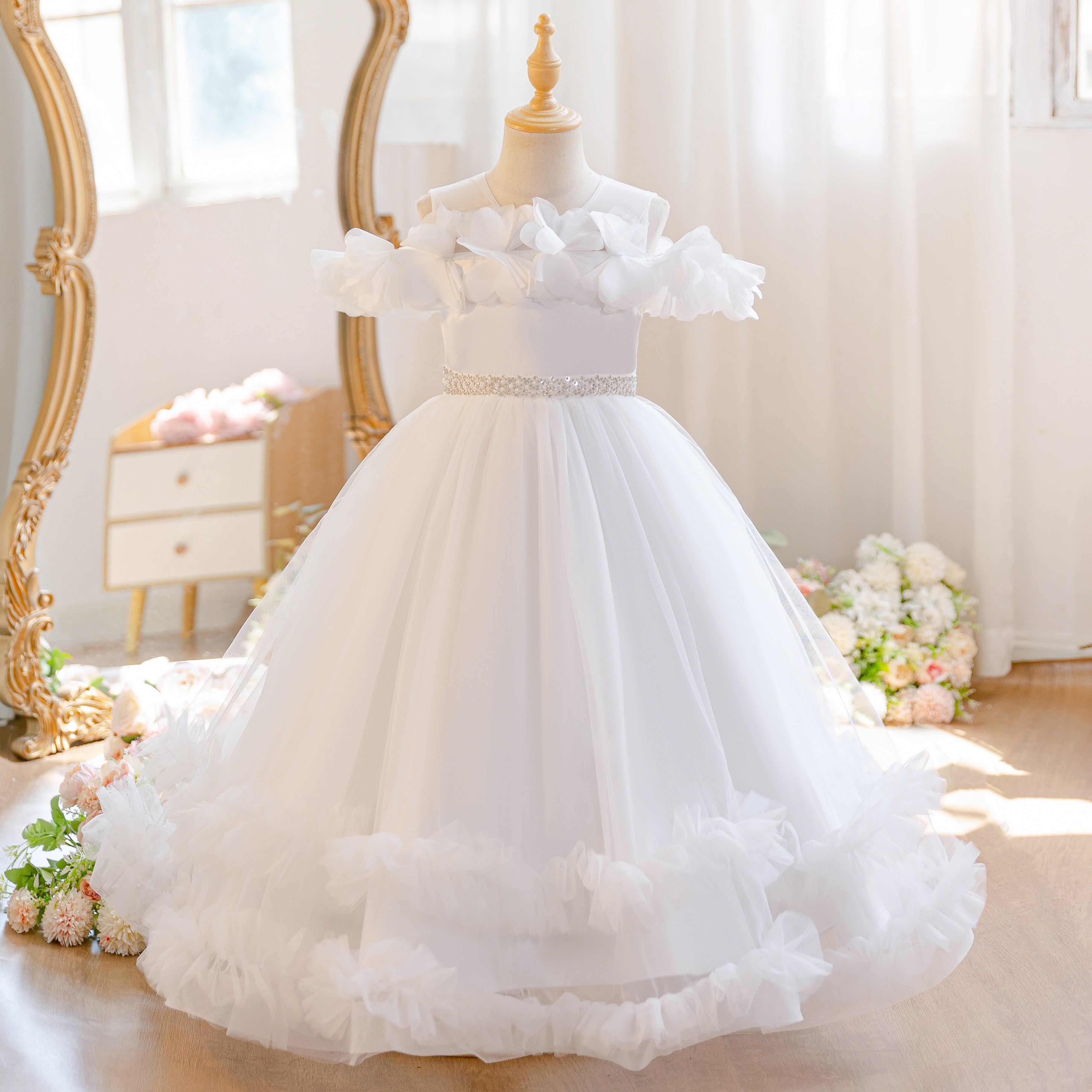 Wholesale 5-11Y Girls Off Shoulder 3D Flower Tulle Princess Dress, Kids Birthday Party Rhinestone Waist Soft Mesh Formal Gown