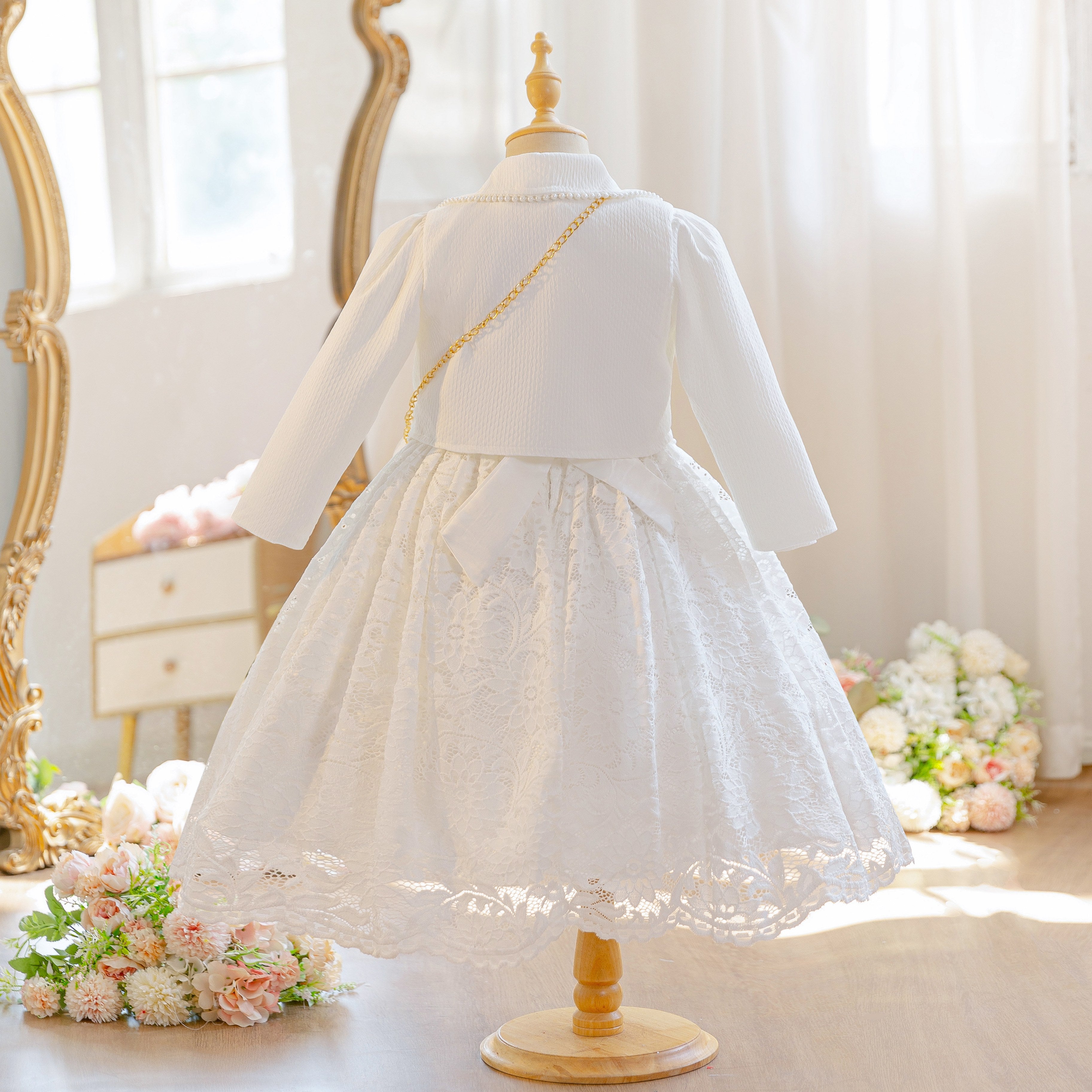 Wholesale 4-10Y Girls 3Pcs Lace Princess Dress Set, Kids Birthday Party Blazer Coat Soft Woven Formal Outfit with Mini Bag