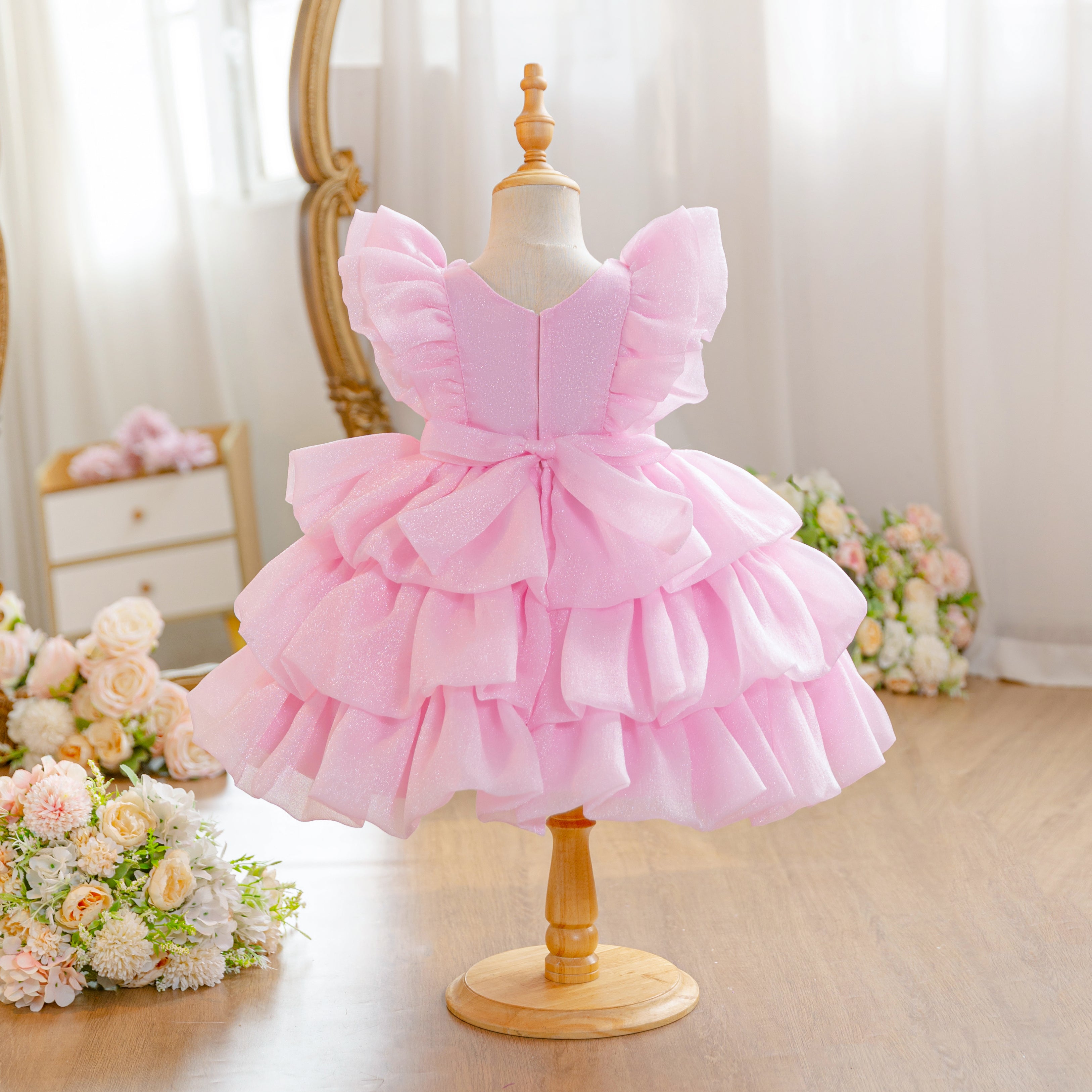 Wholesale 18M-7Y Girls Flutter Bow Glitter Tiered Tulle Princess Dress, Kids Birthday Party Pearl Waist Soft Mesh Formal Gown
